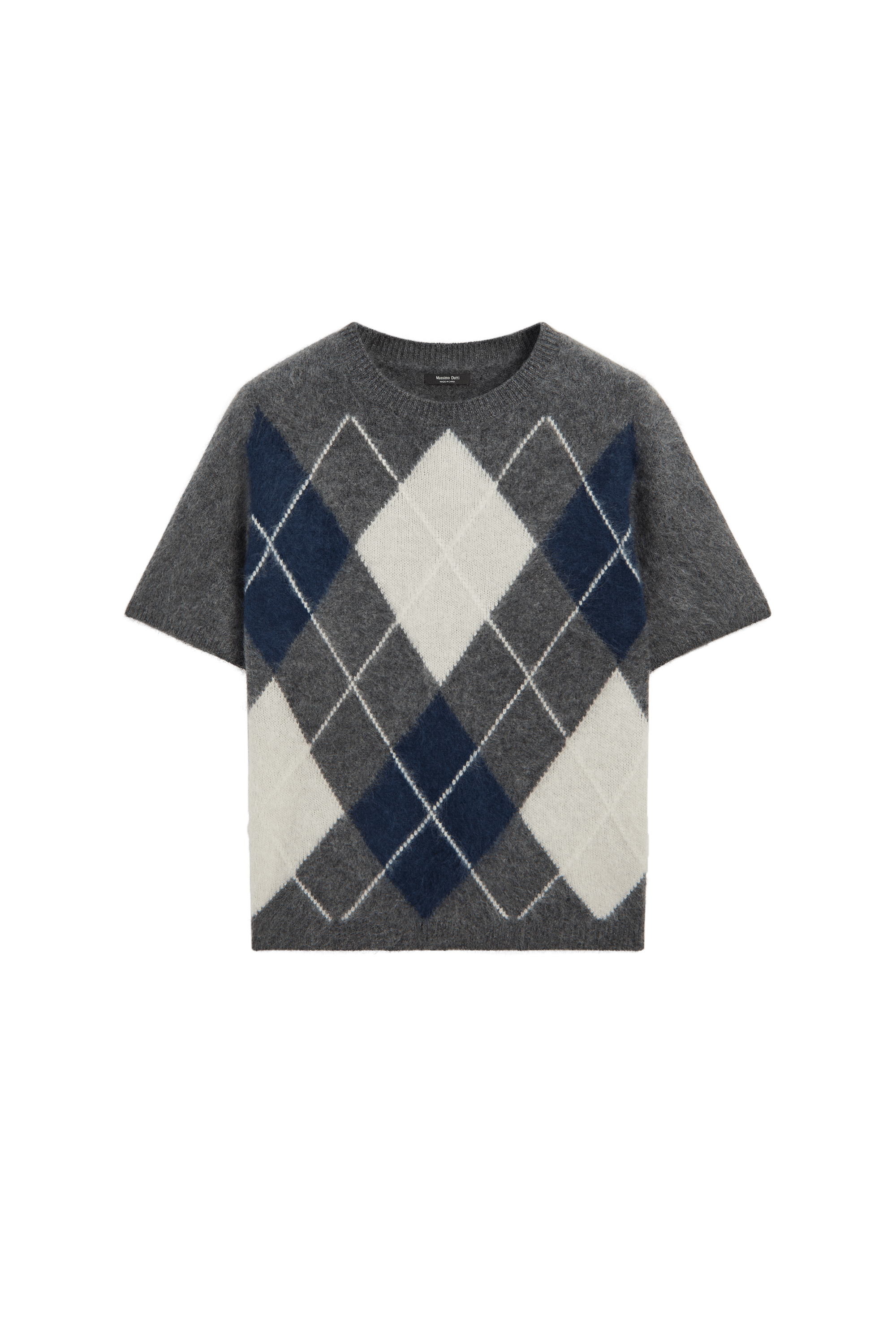 Wool cashmere argyle short sleeve knit sweater - GREY