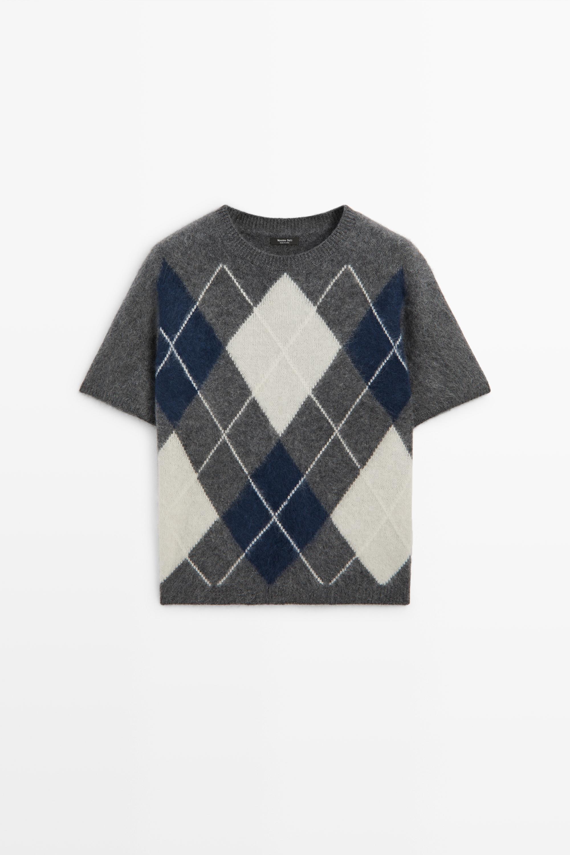 Wool cashmere argyle short sleeve knit sweater - GREY