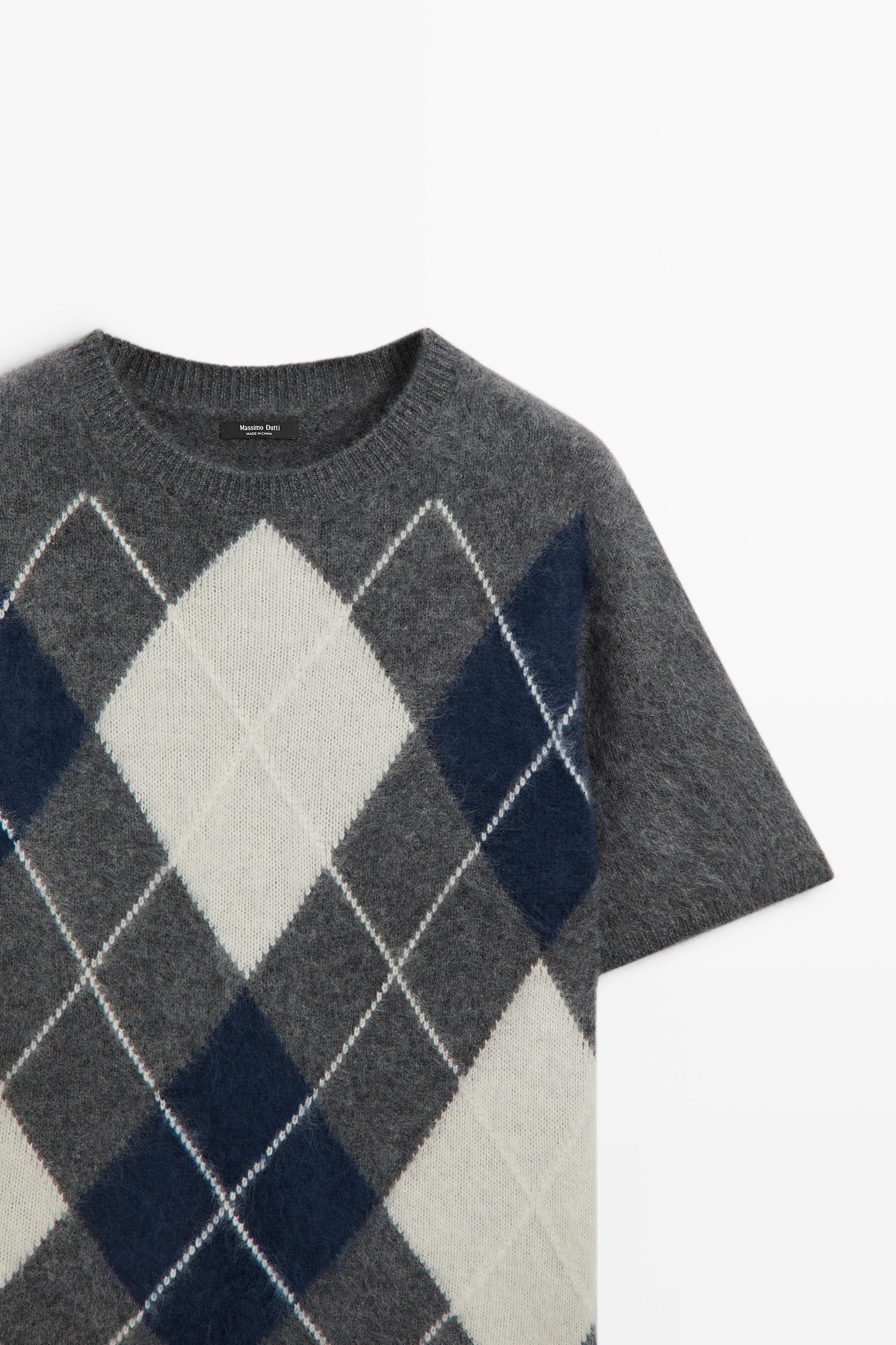 Wool cashmere argyle short sleeve knit sweater - GREY