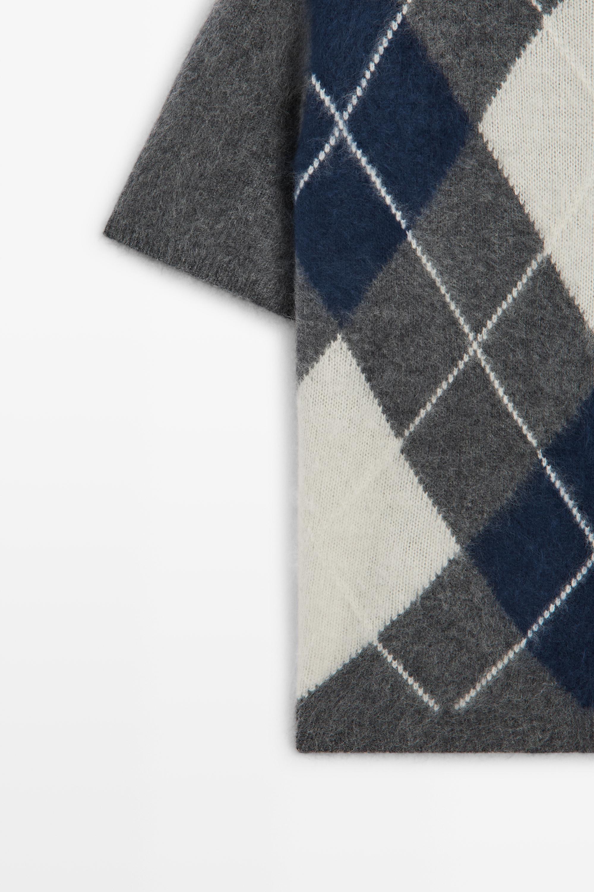 Wool cashmere argyle short sleeve knit sweater - GREY