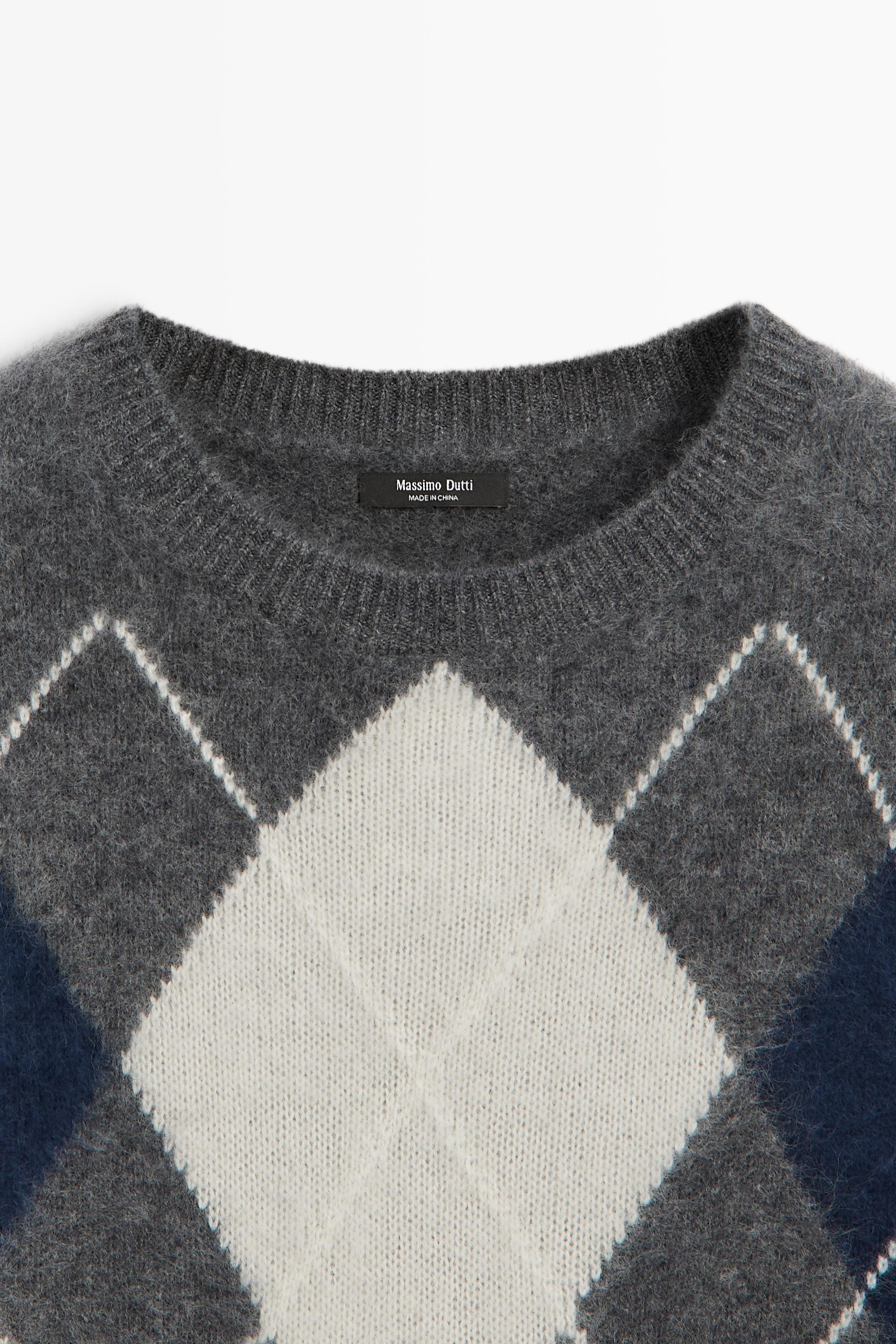 Wool cashmere argyle short sleeve knit sweater - GREY