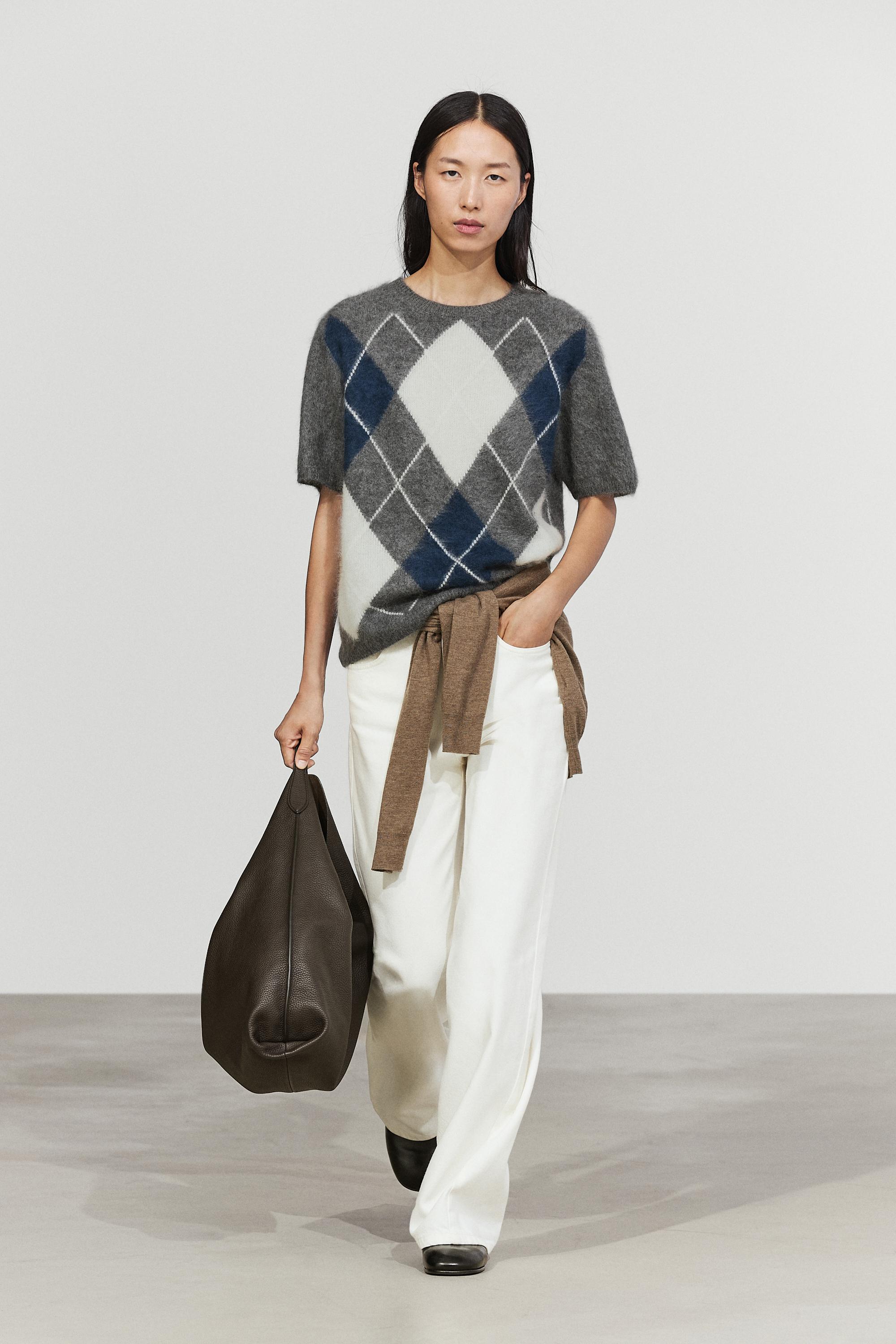 Wool cashmere argyle short sleeve knit sweater - GREY