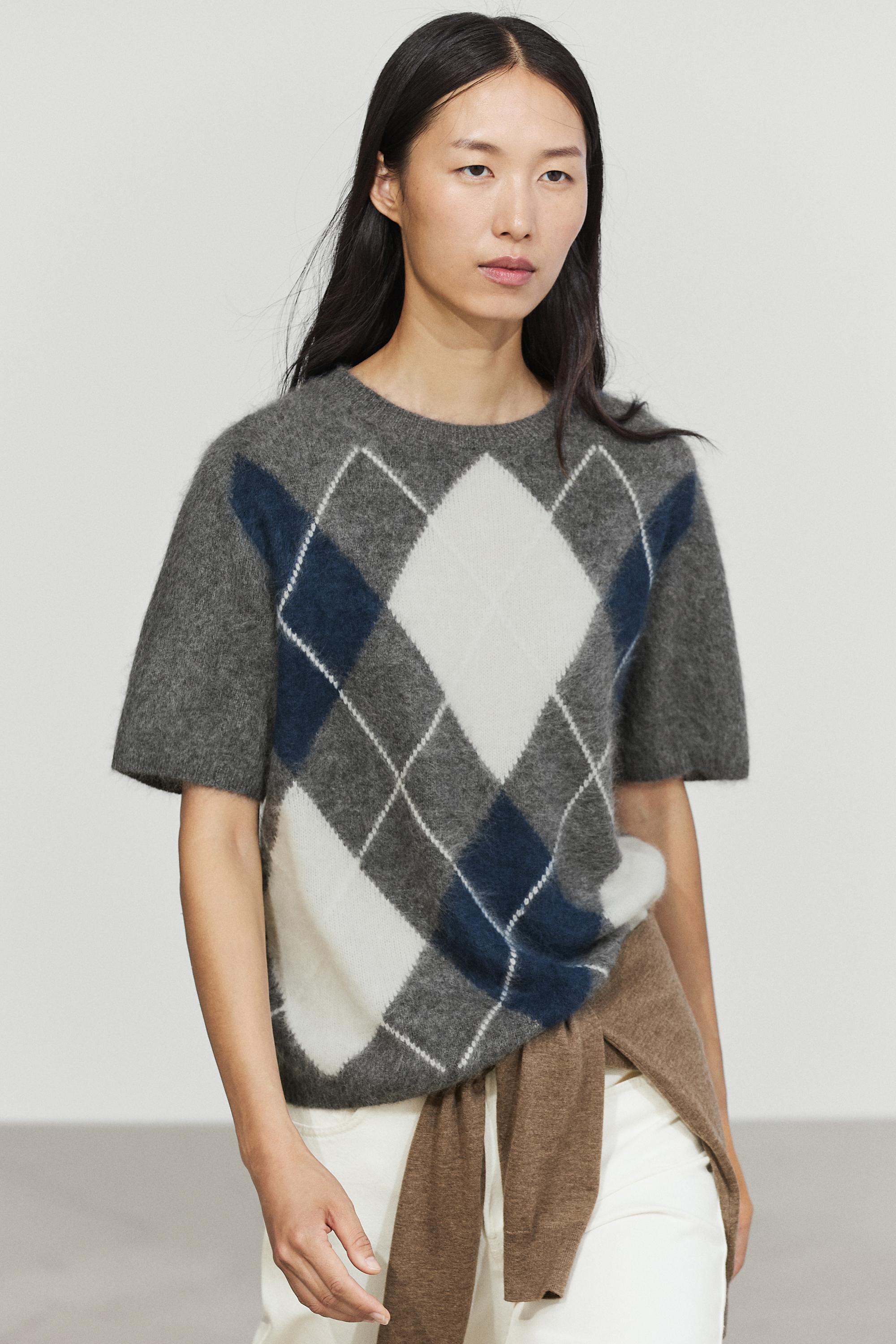 Wool cashmere argyle short sleeve knit sweater - GREY