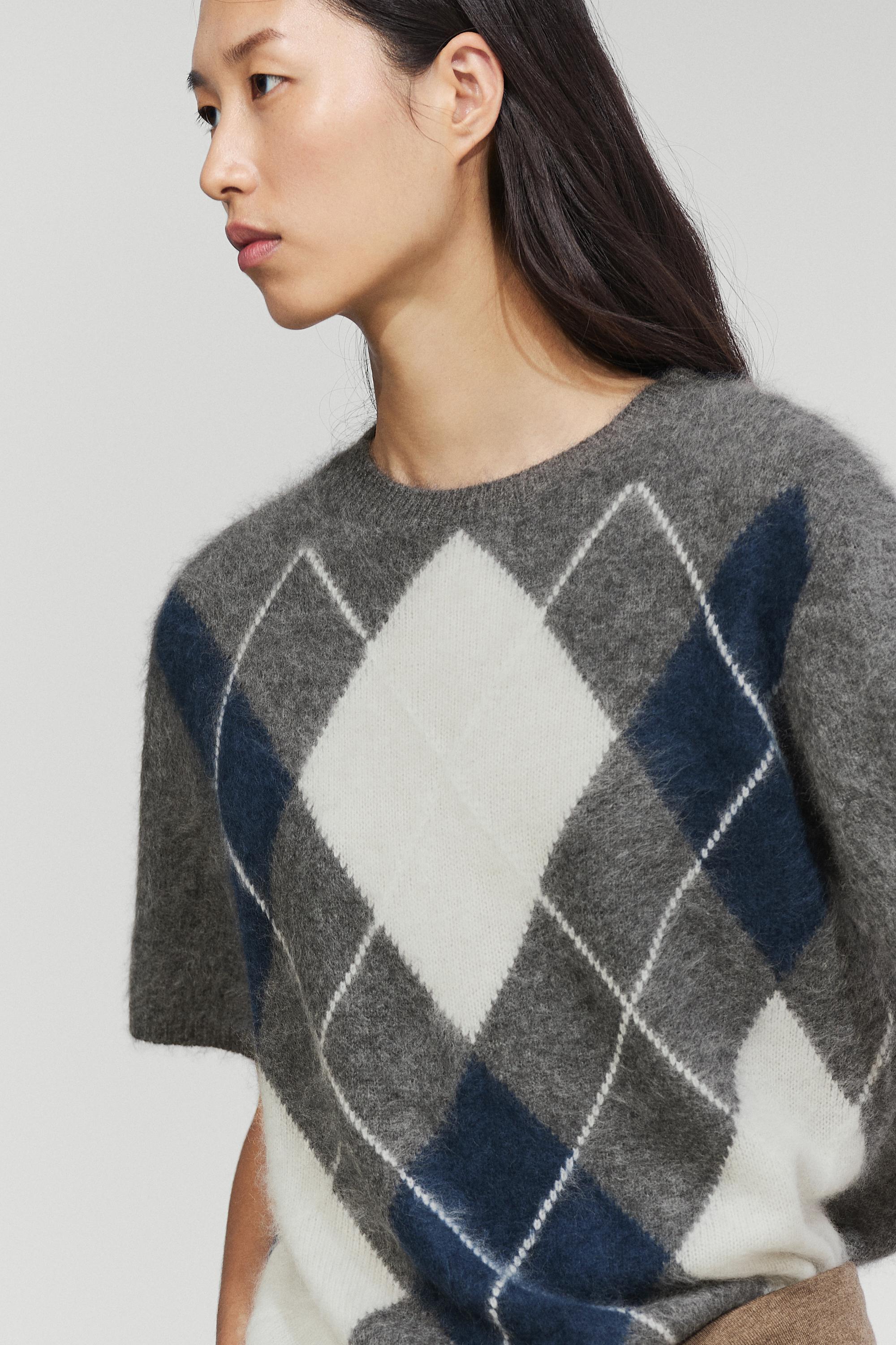 Wool cashmere argyle short sleeve knit sweater - GREY