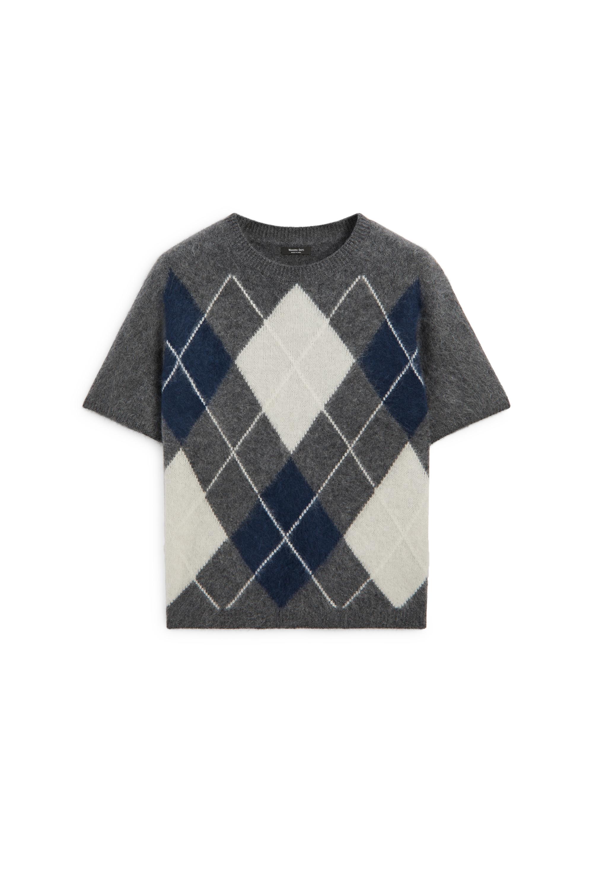 Wool cashmere argyle short sleeve knit sweater - GREY