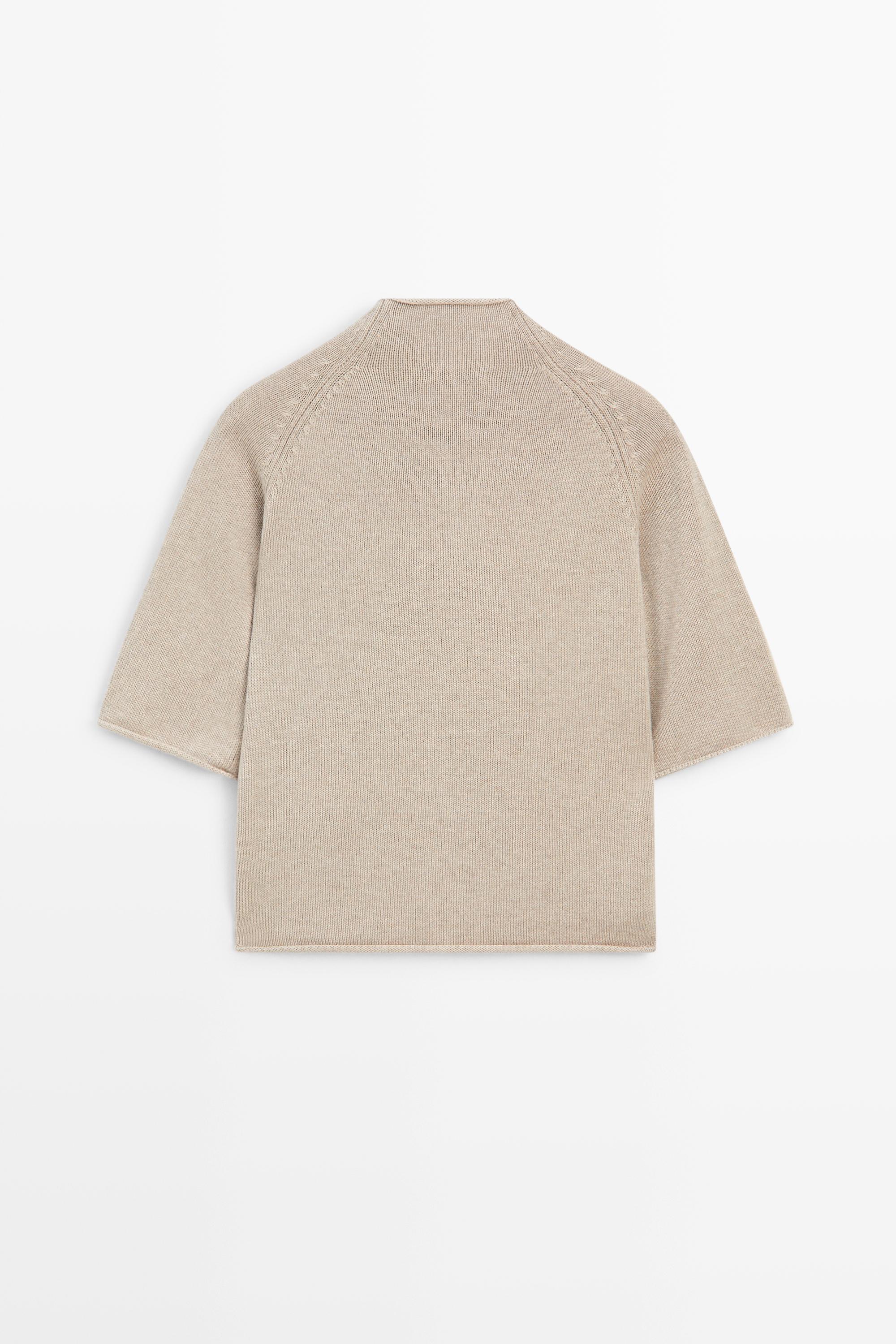 Cotton funnel neck knit cardigan - STONE