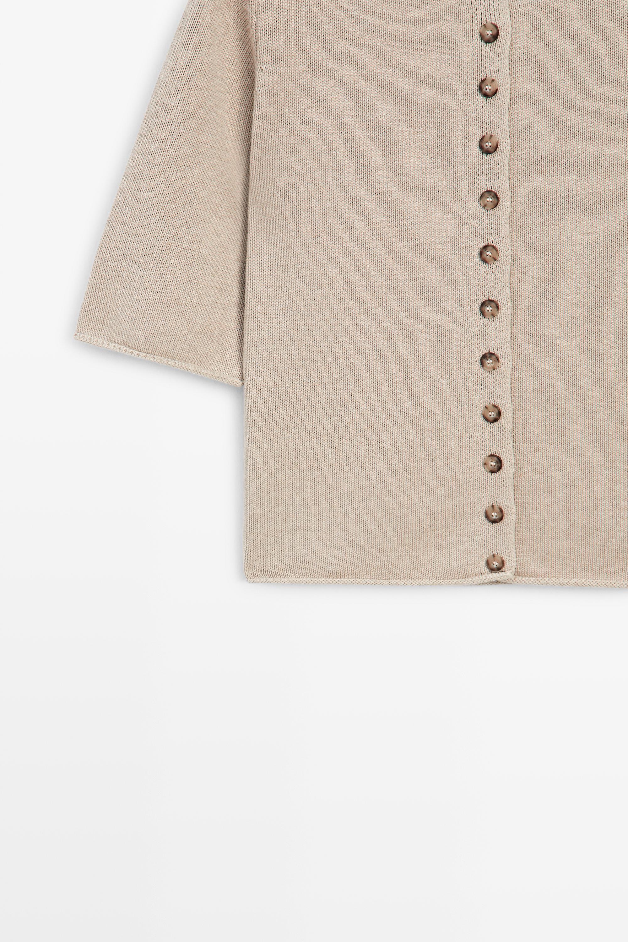 Cotton funnel neck knit cardigan - STONE