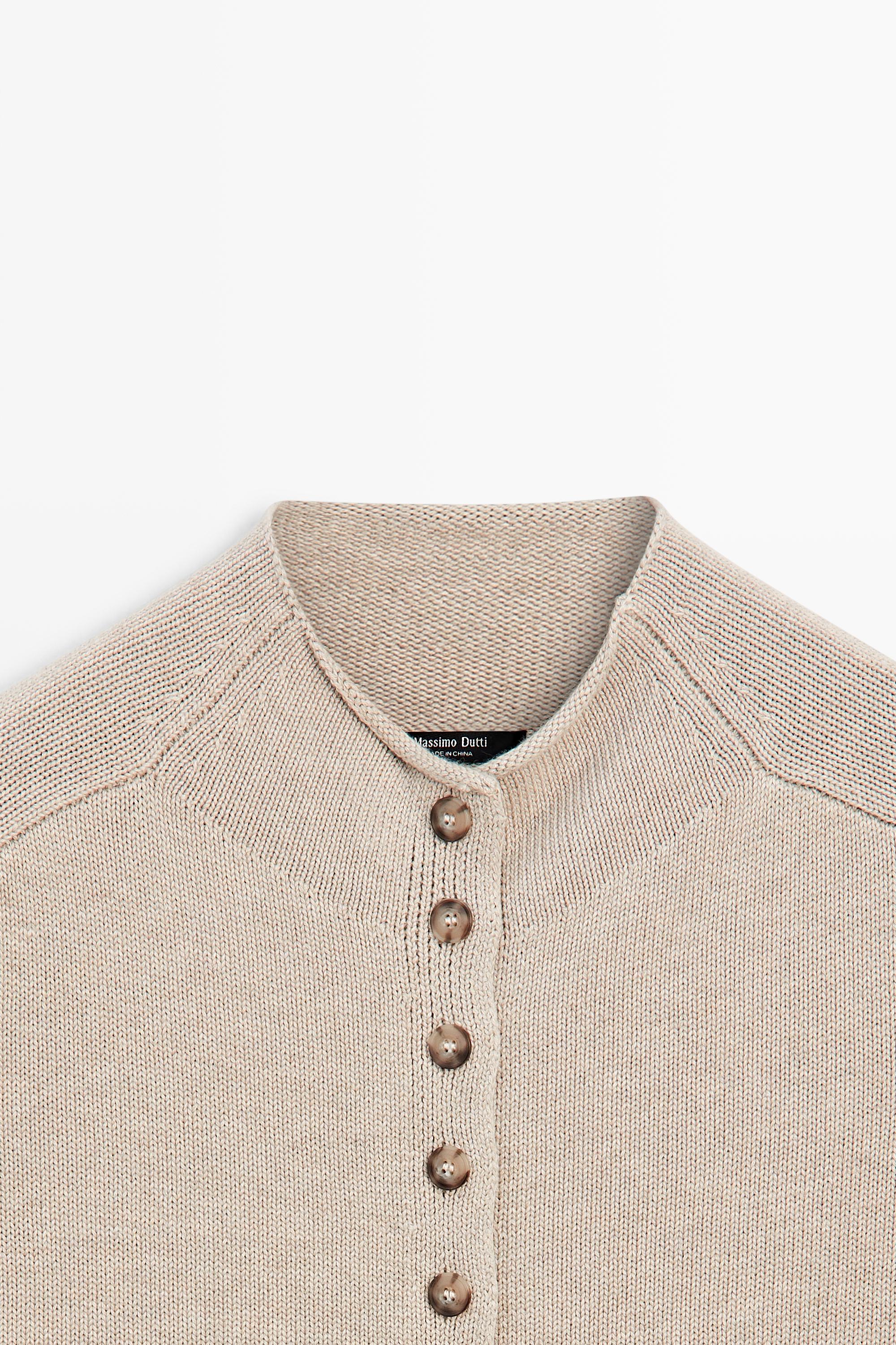 Cotton funnel neck knit cardigan - STONE