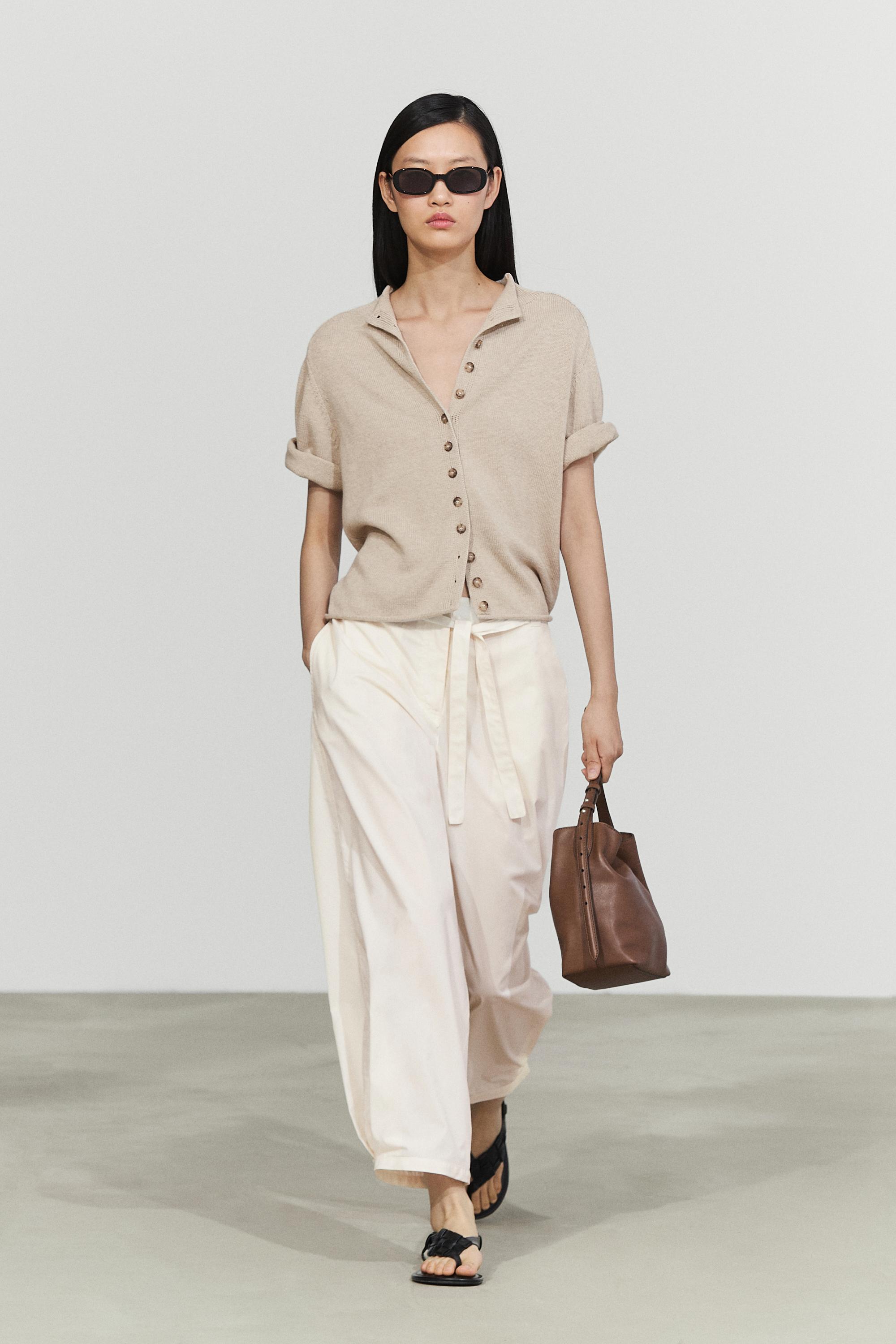 Cotton funnel neck knit cardigan - STONE