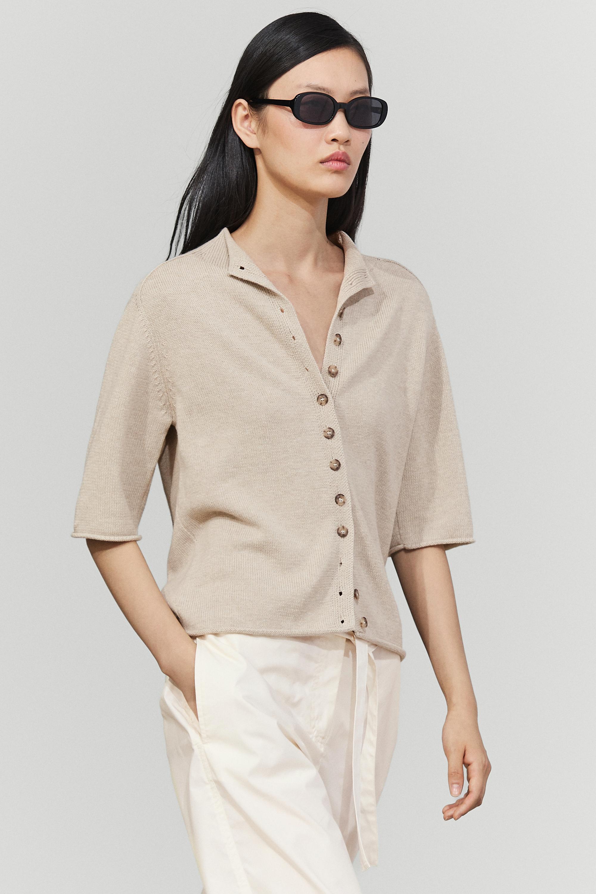 Cotton funnel neck knit cardigan - STONE