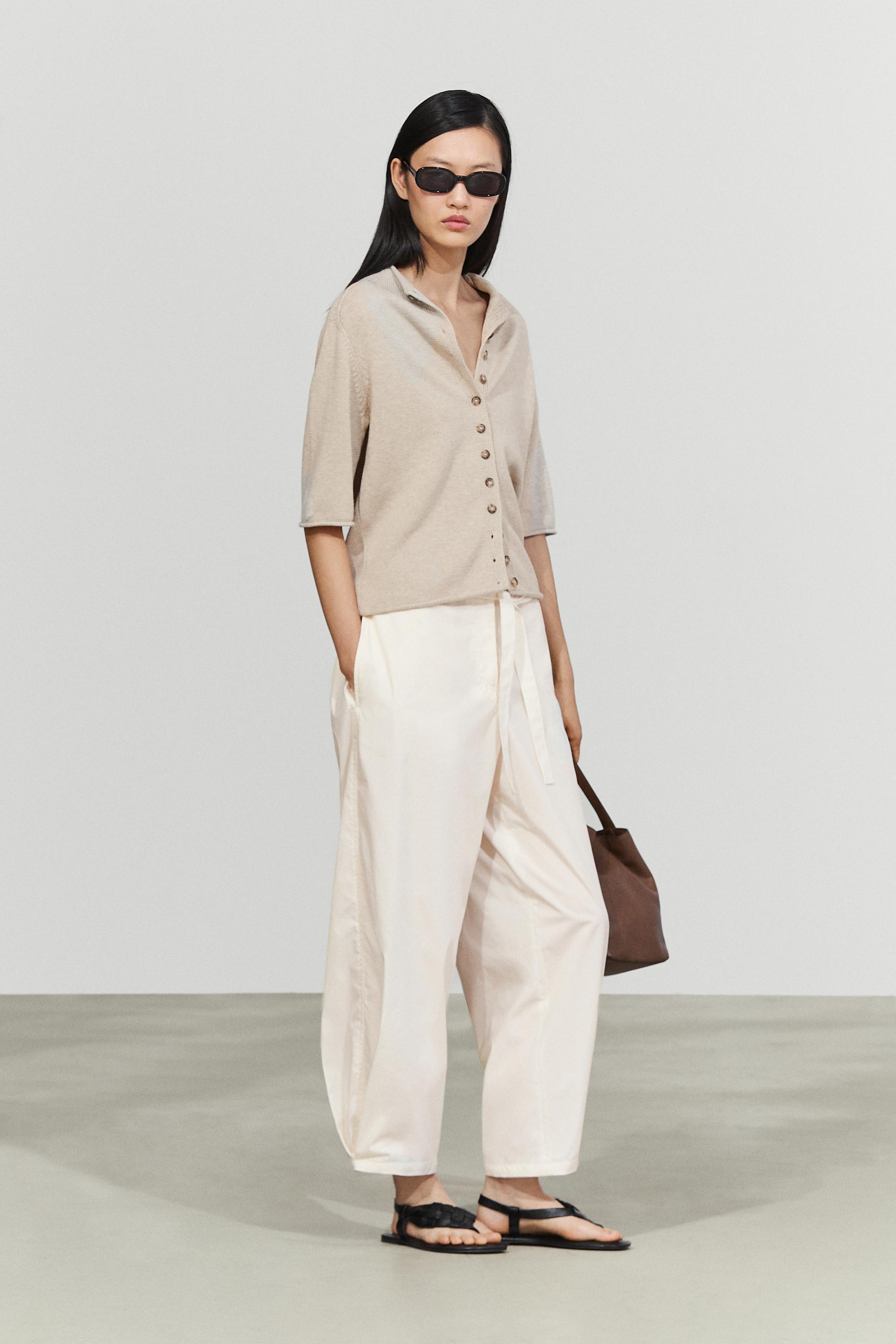 Cotton funnel neck knit cardigan - STONE