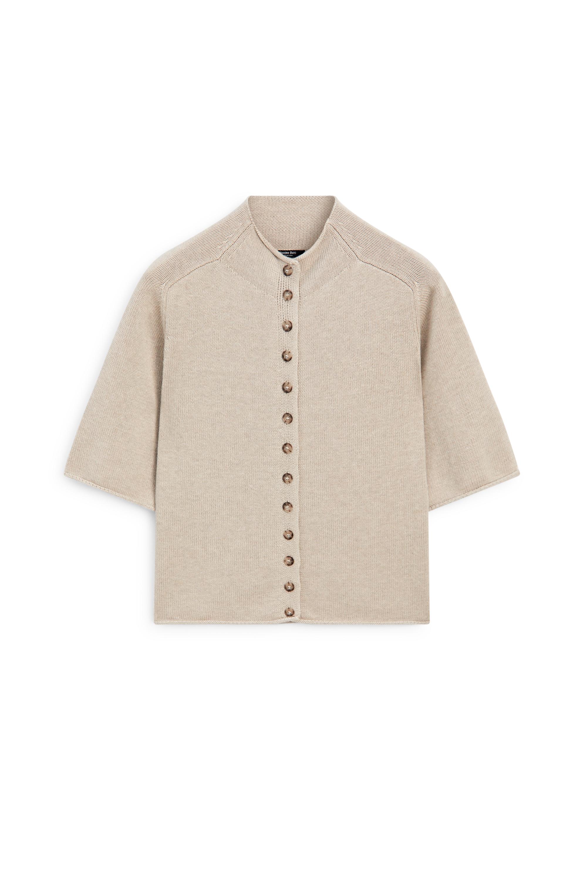 Cotton funnel neck knit cardigan - STONE