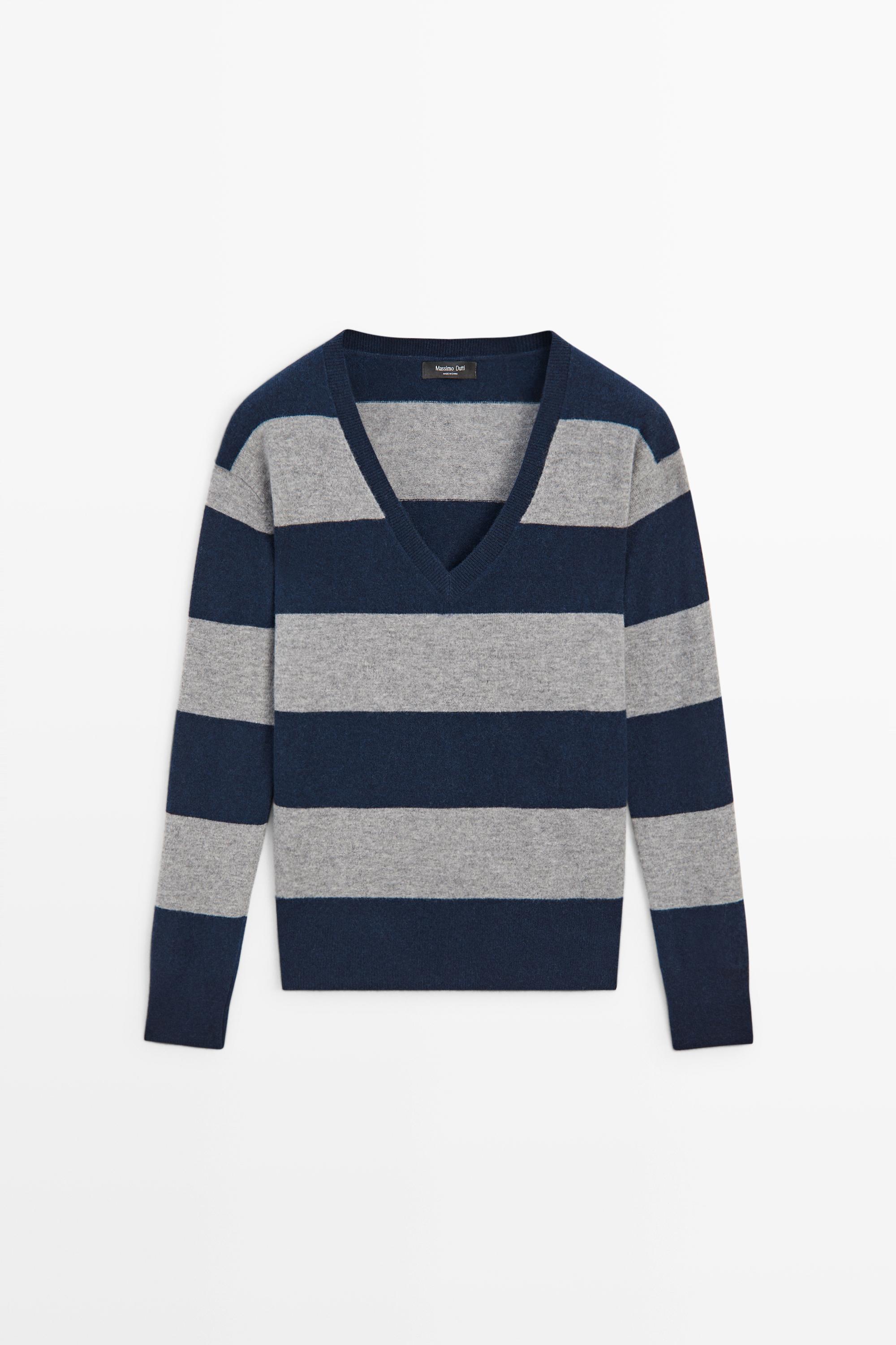 Wool and cashmere stripe V-neck knit sweater - ANTHRACITE GREY