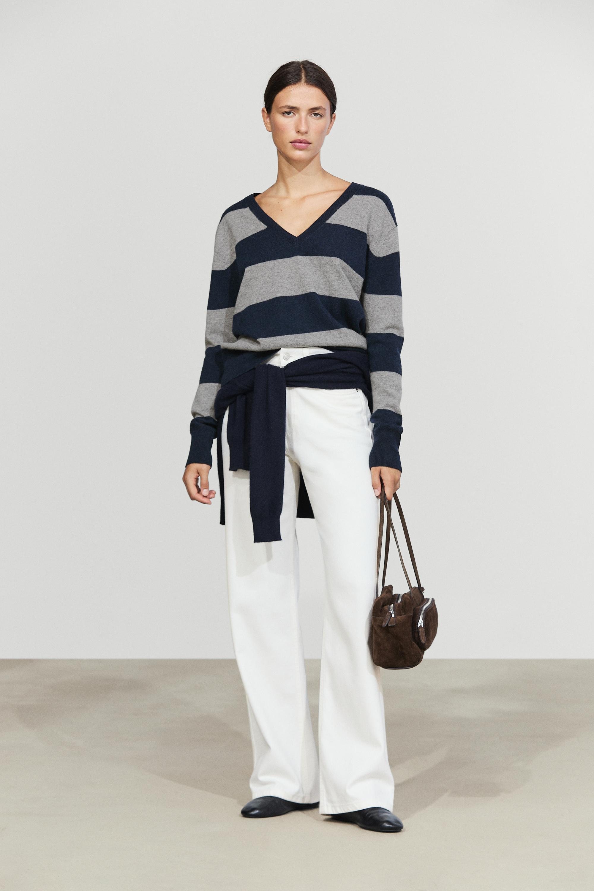 Wool and cashmere stripe V-neck knit sweater - ANTHRACITE GREY