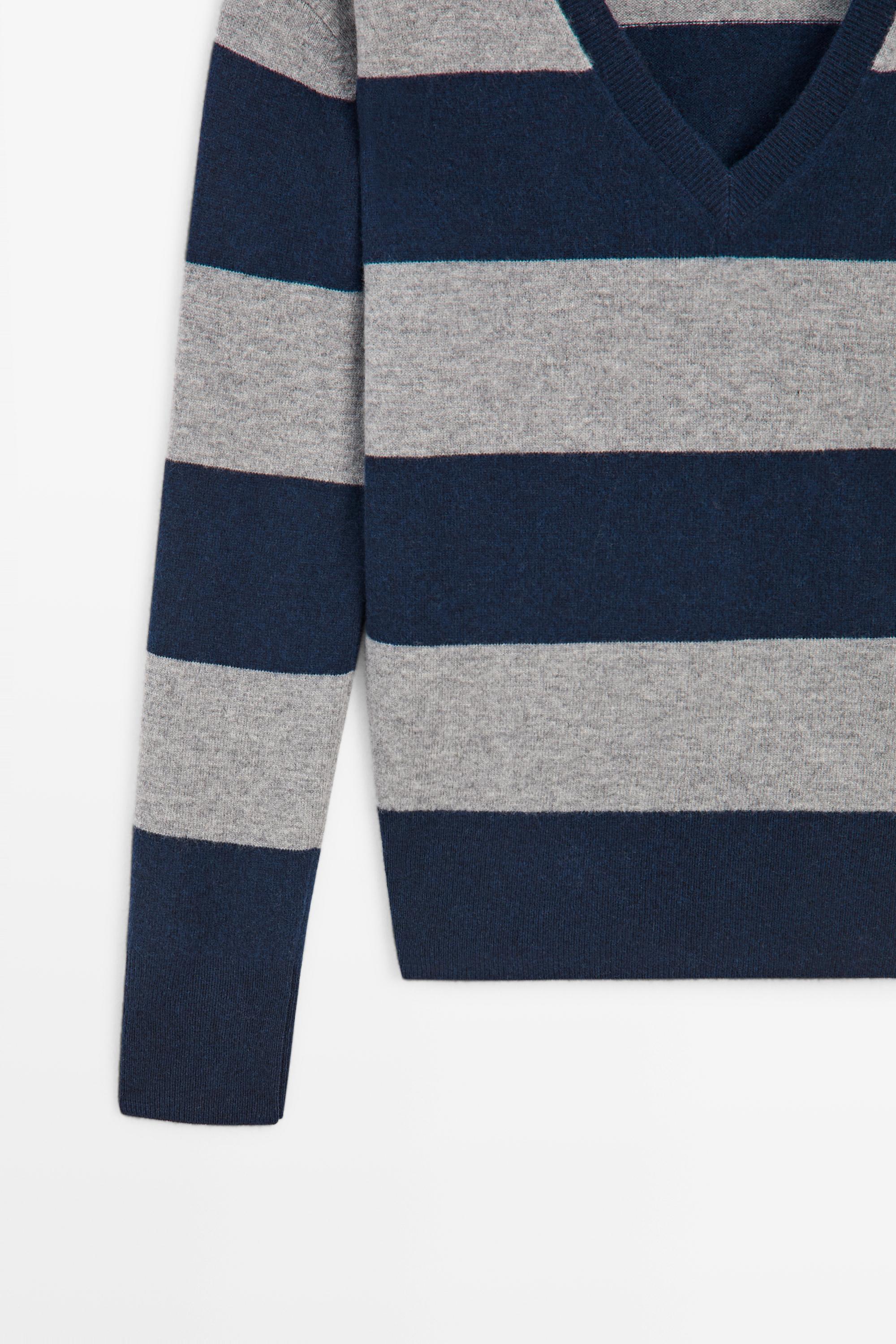 Wool and cashmere stripe V-neck knit sweater - ANTHRACITE GREY