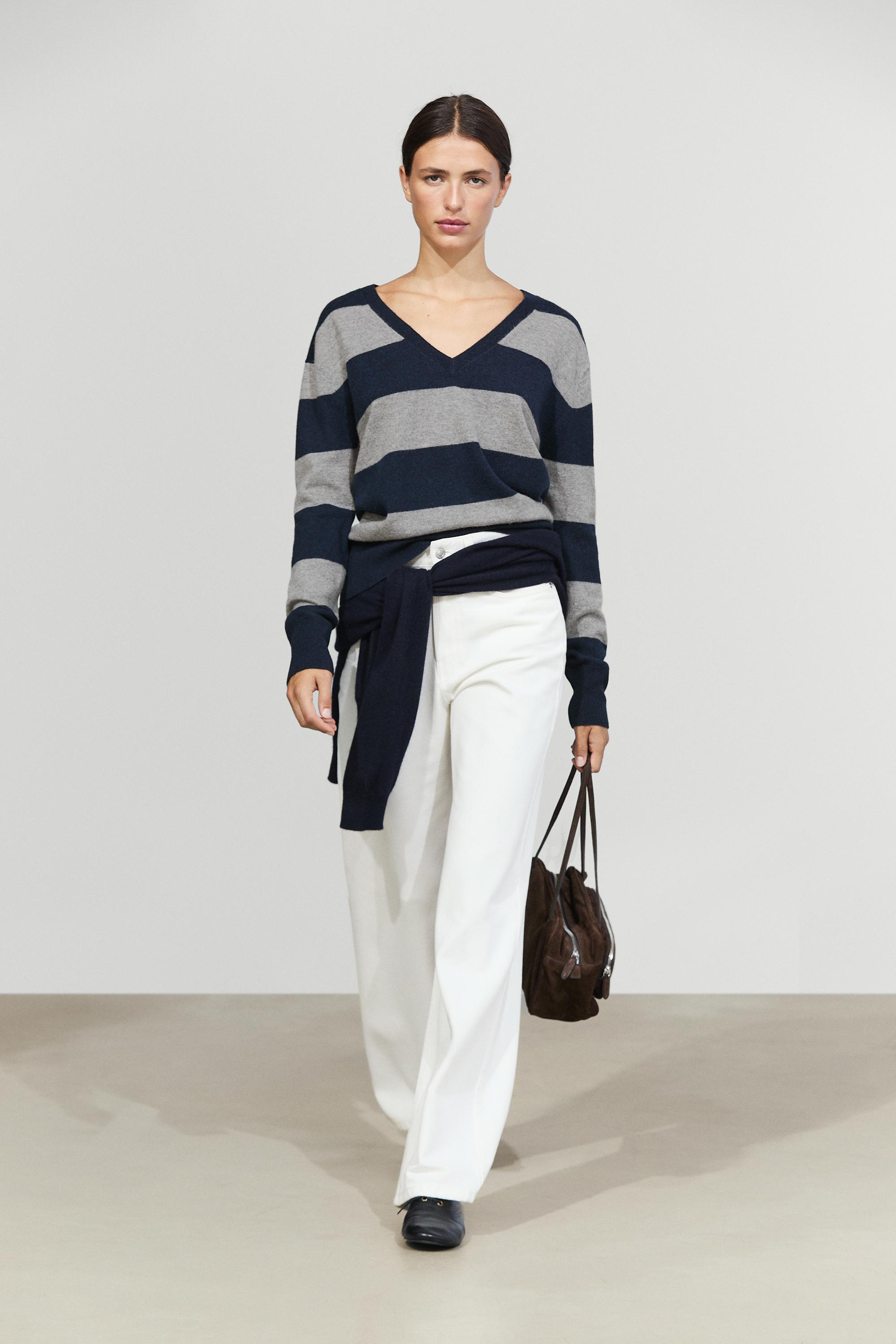 Wool and cashmere stripe V-neck knit sweater - ANTHRACITE GREY