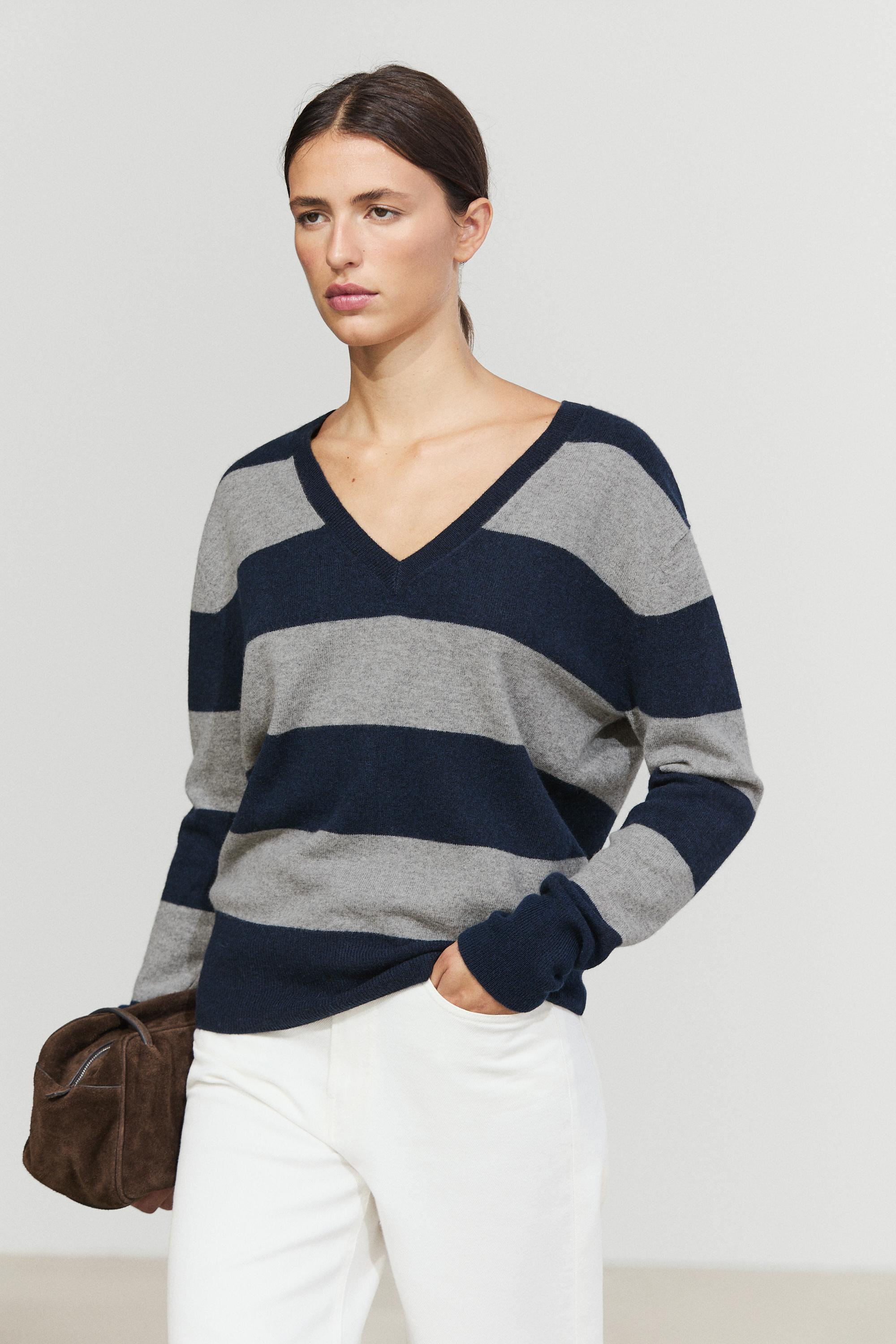 Wool and cashmere stripe V-neck knit sweater - ANTHRACITE GREY