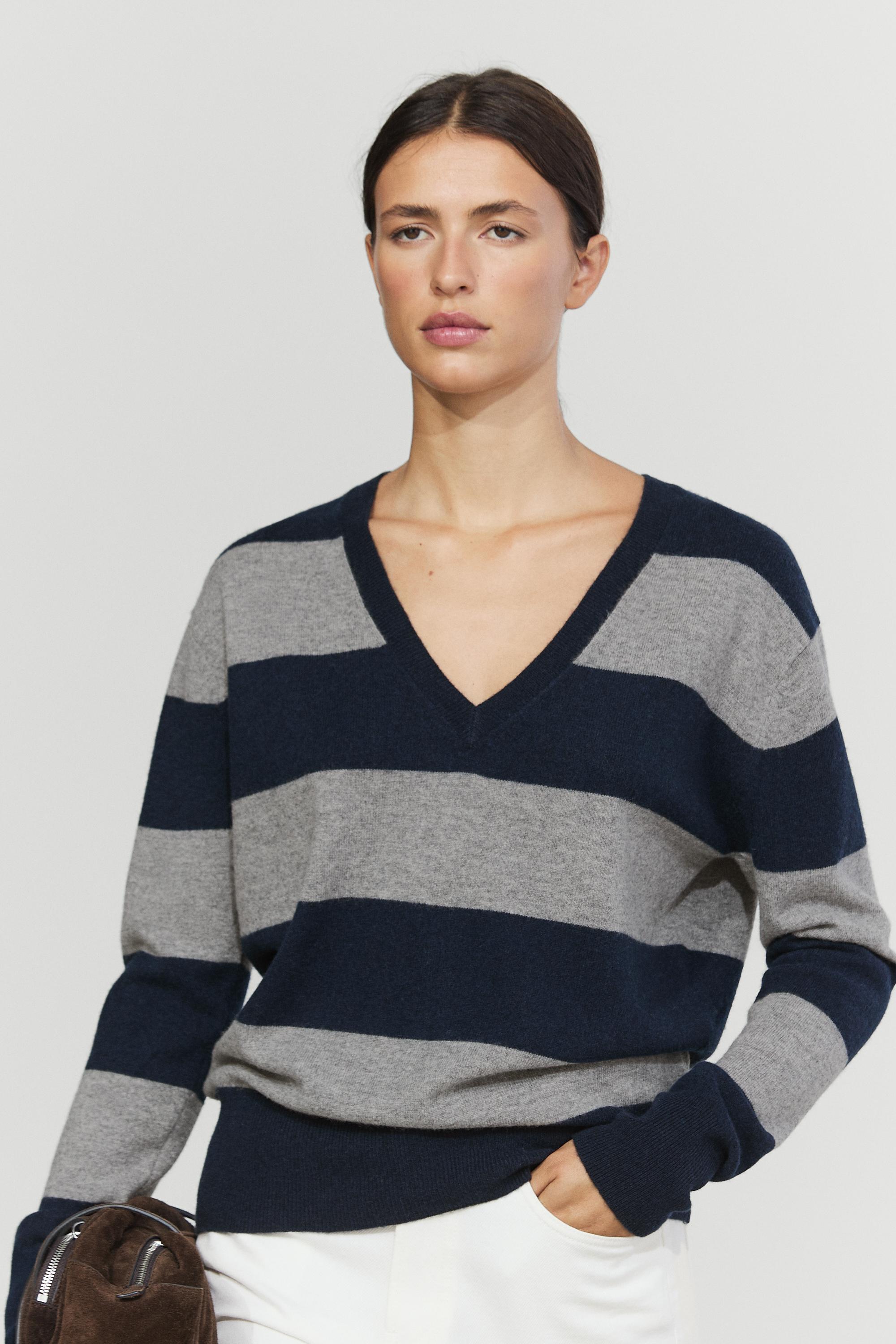 Wool and cashmere stripe V-neck knit sweater - ANTHRACITE GREY