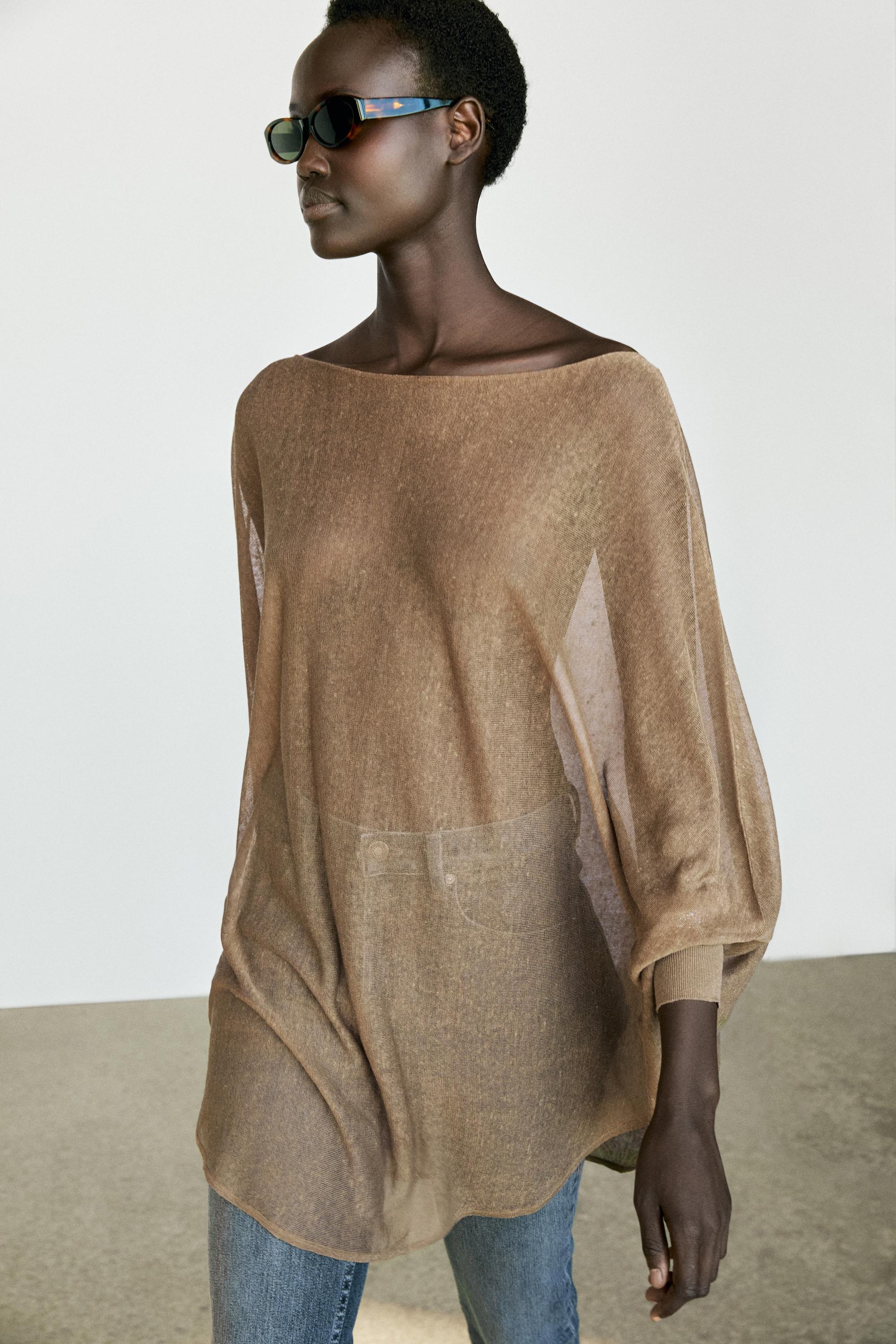 Linen blend flowing cape-style sweater - MOSS GREEN