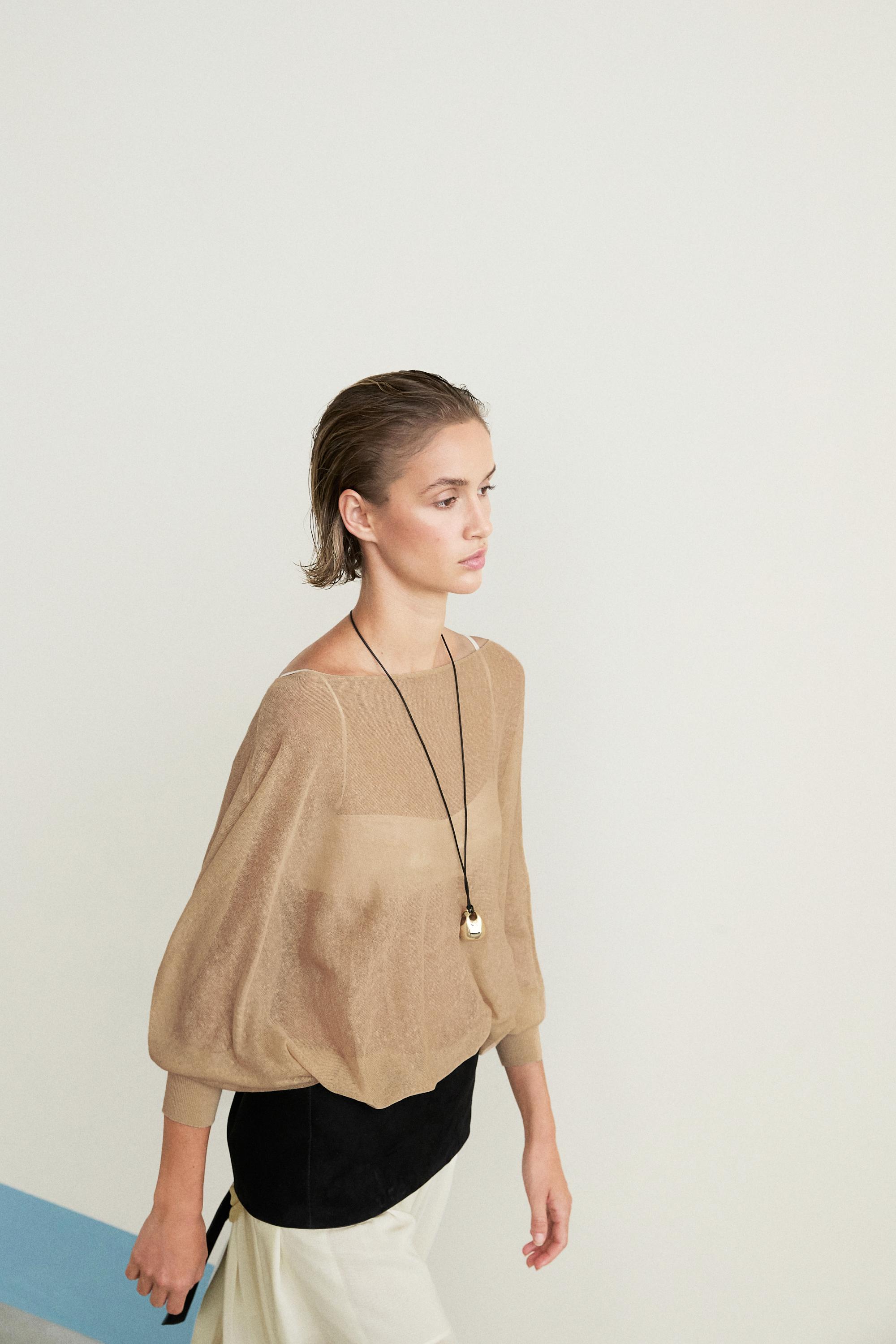 Linen blend flowing cape-style sweater - MOSS GREEN