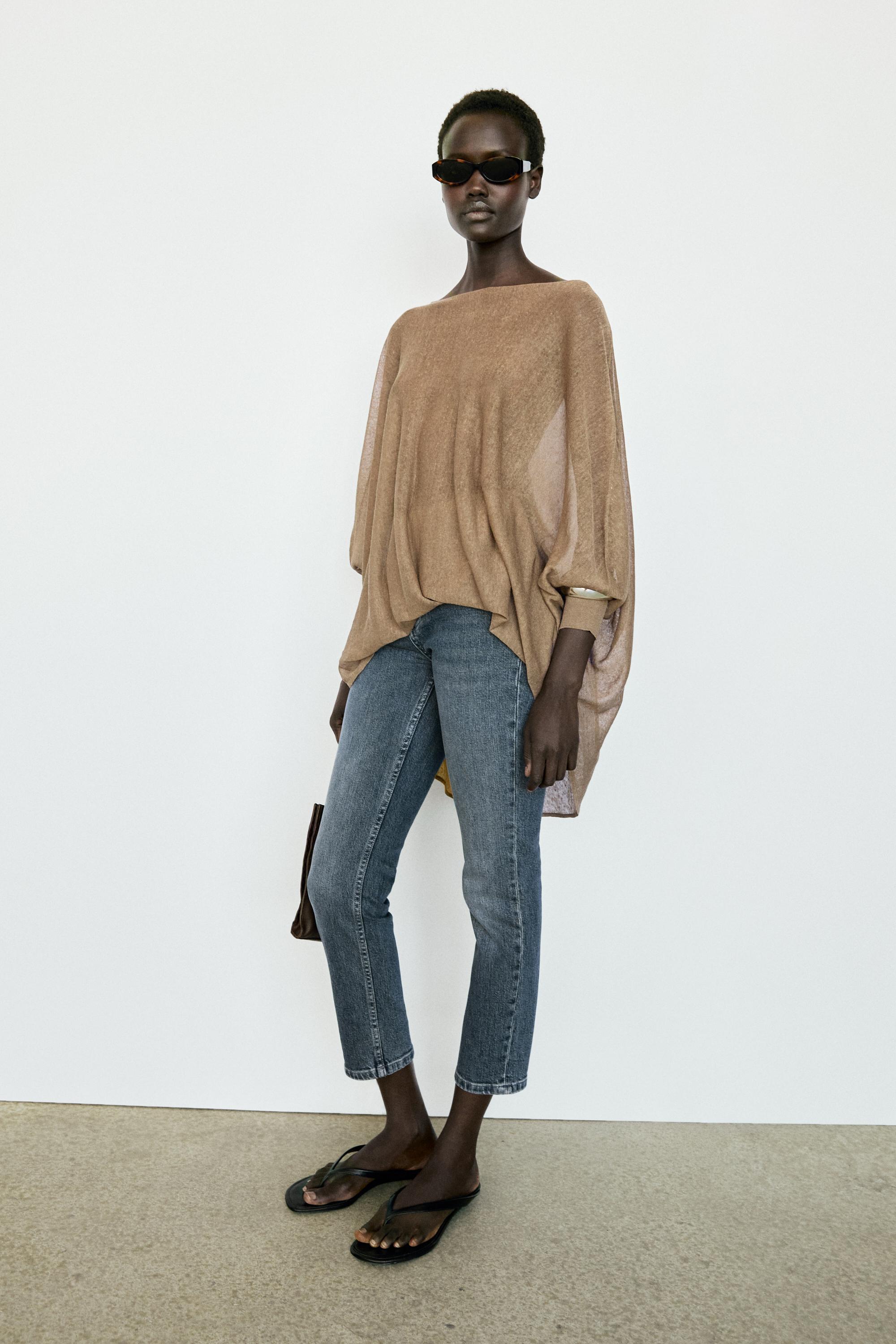 Linen blend flowing cape-style sweater - MOSS GREEN