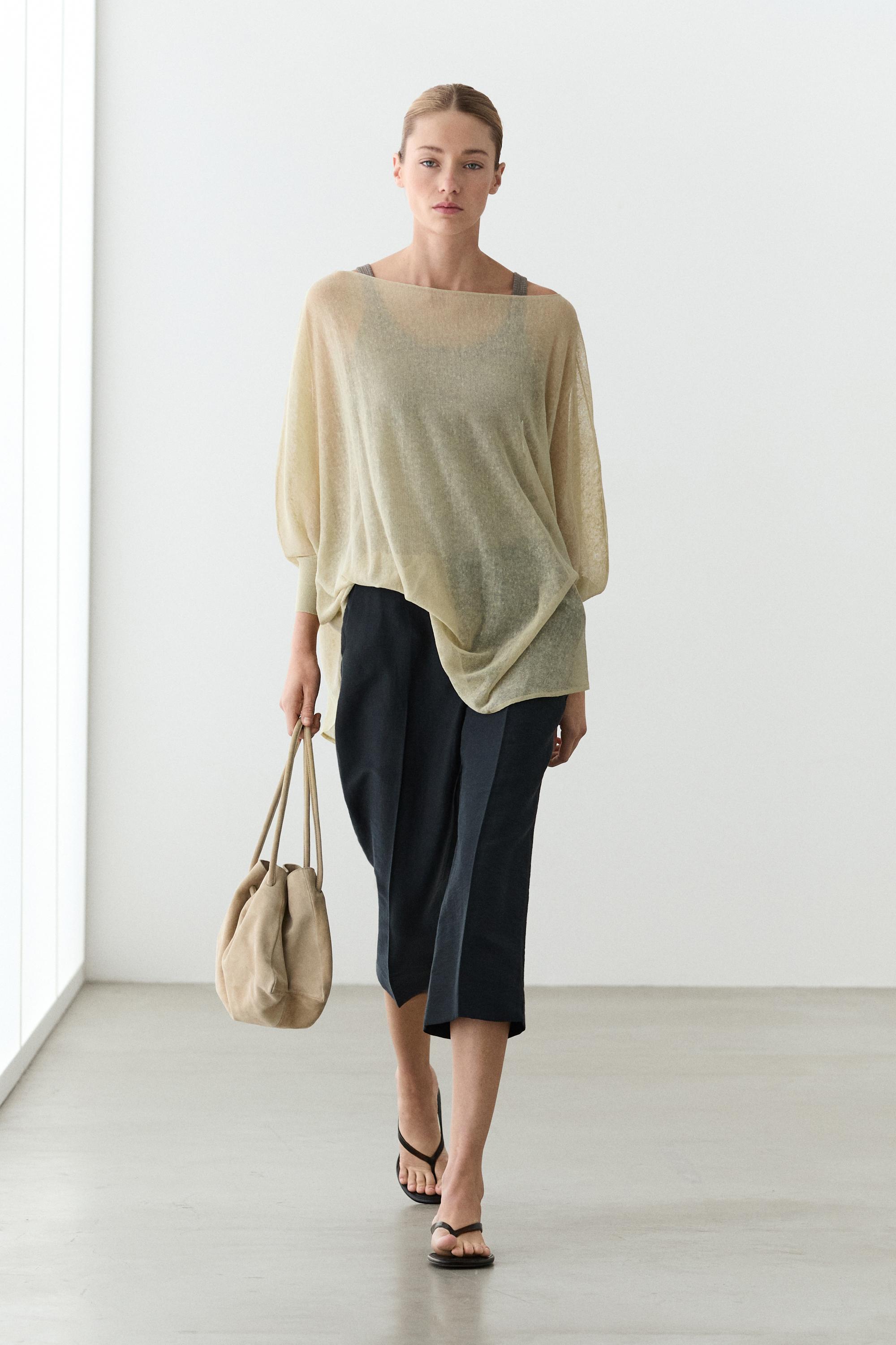 Linen blend flowing cape-style sweater - SAND