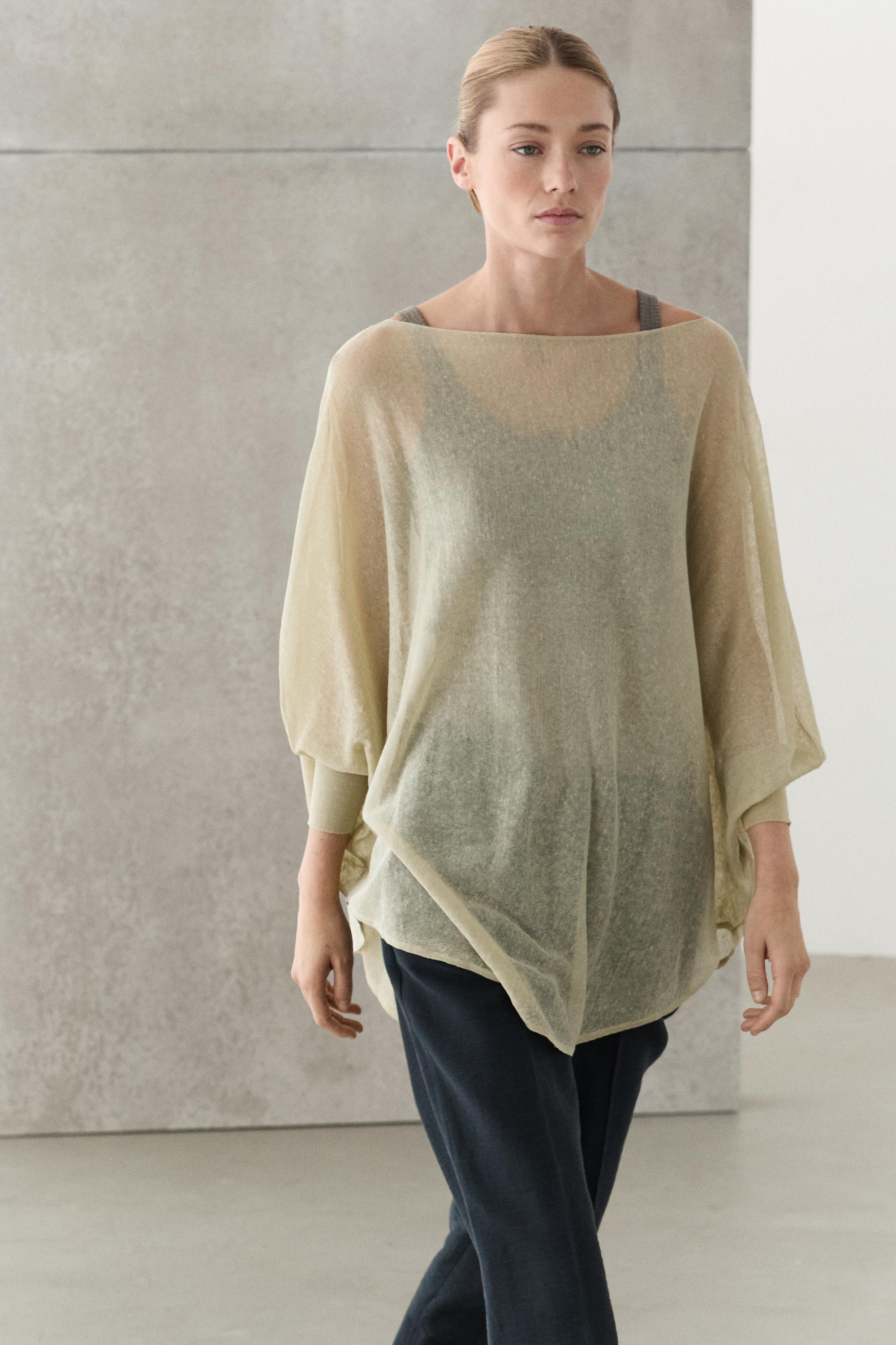 Linen blend flowing cape-style sweater - SAND