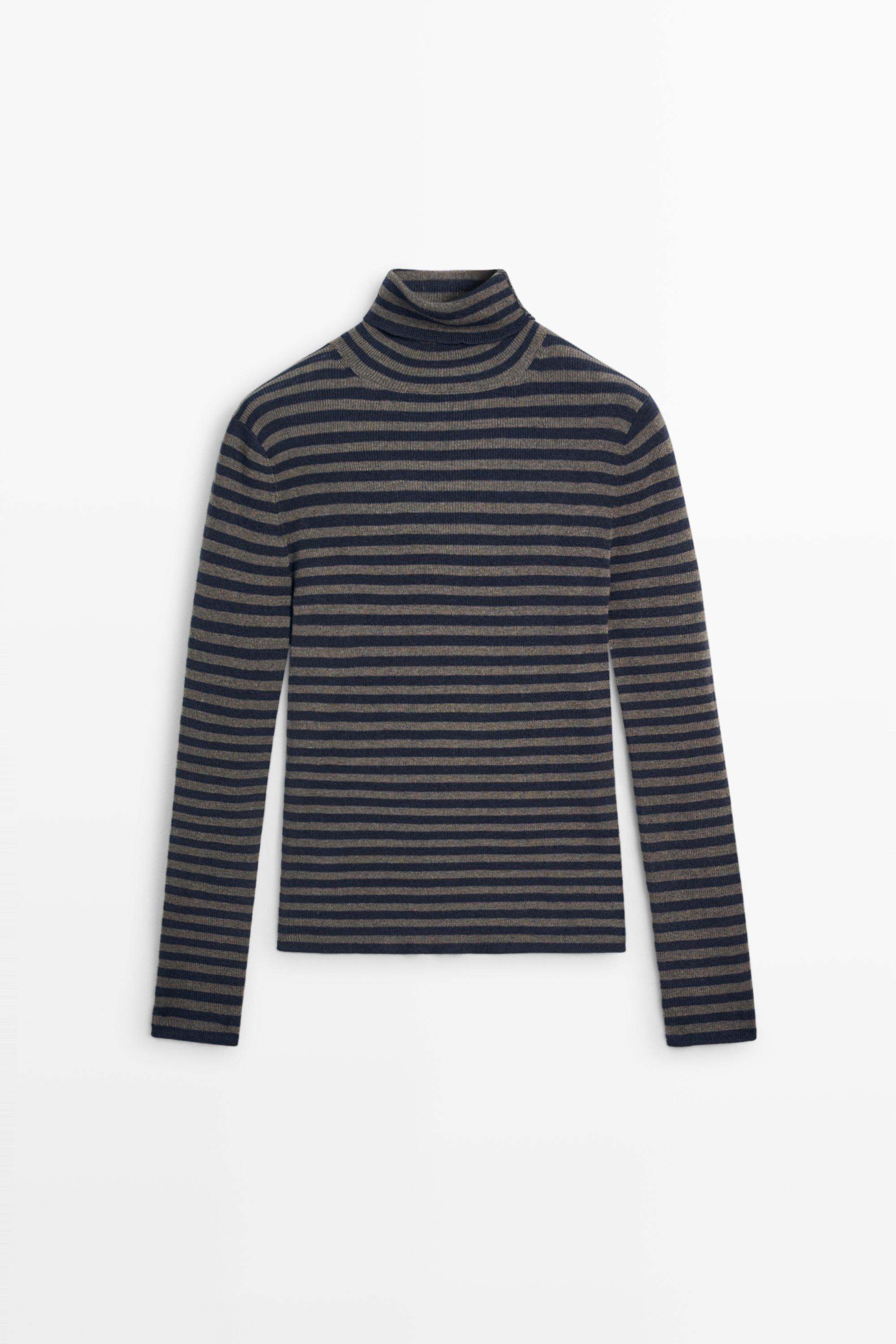 Striped turtleneck knit sweater - NAVY BLUE