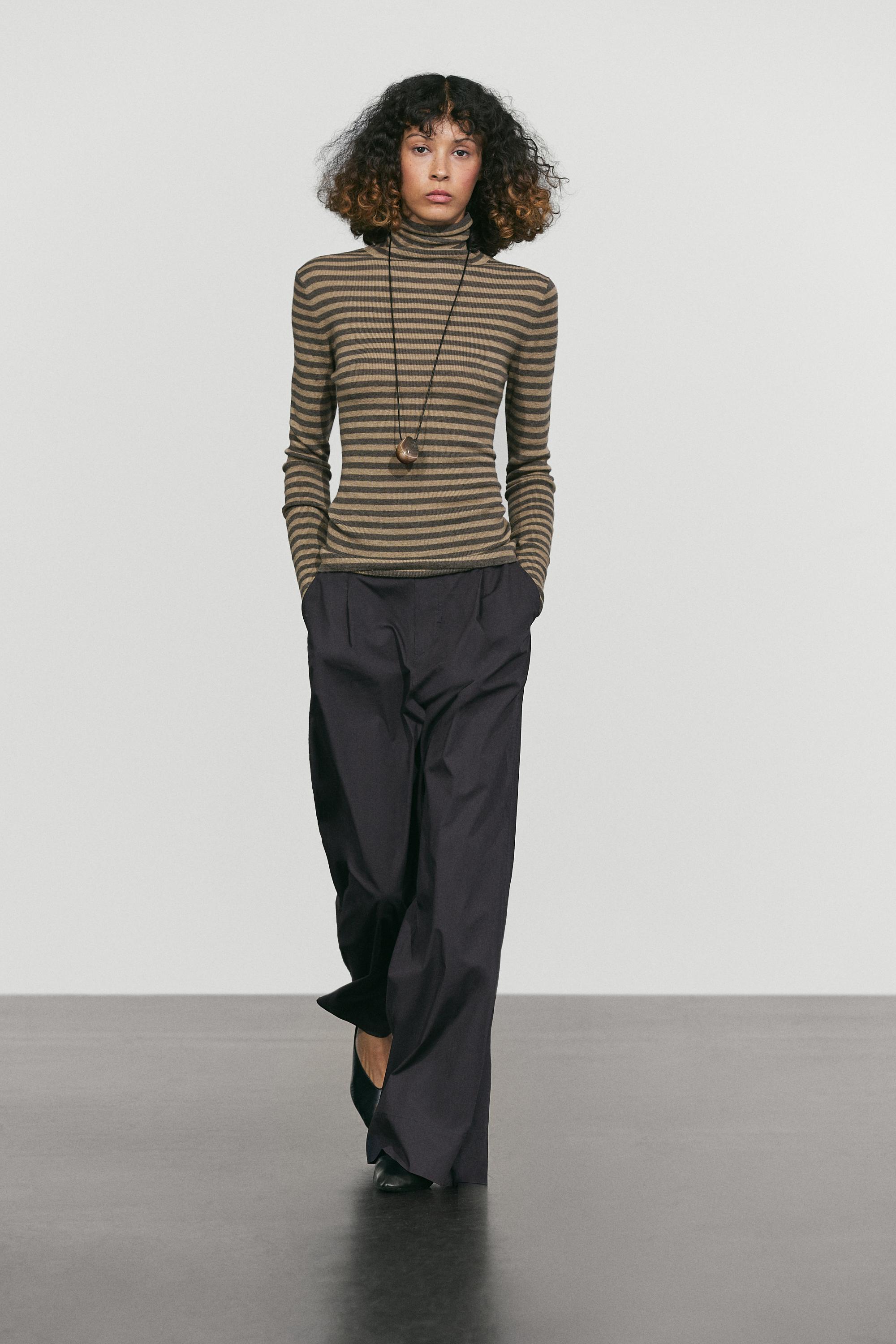 Striped turtleneck knit sweater - MOLE BROWN