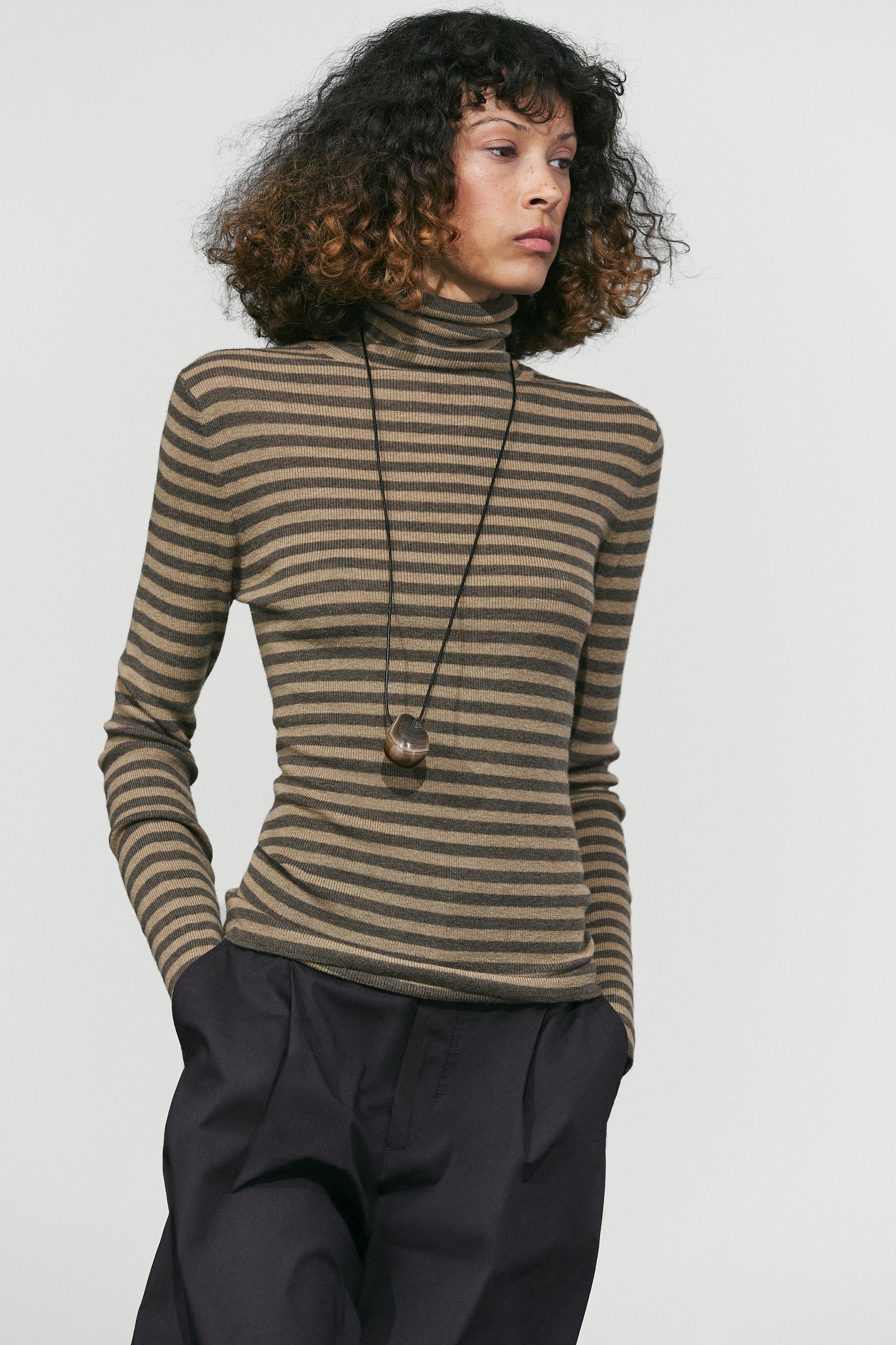 Striped turtleneck knit sweater - MOLE BROWN