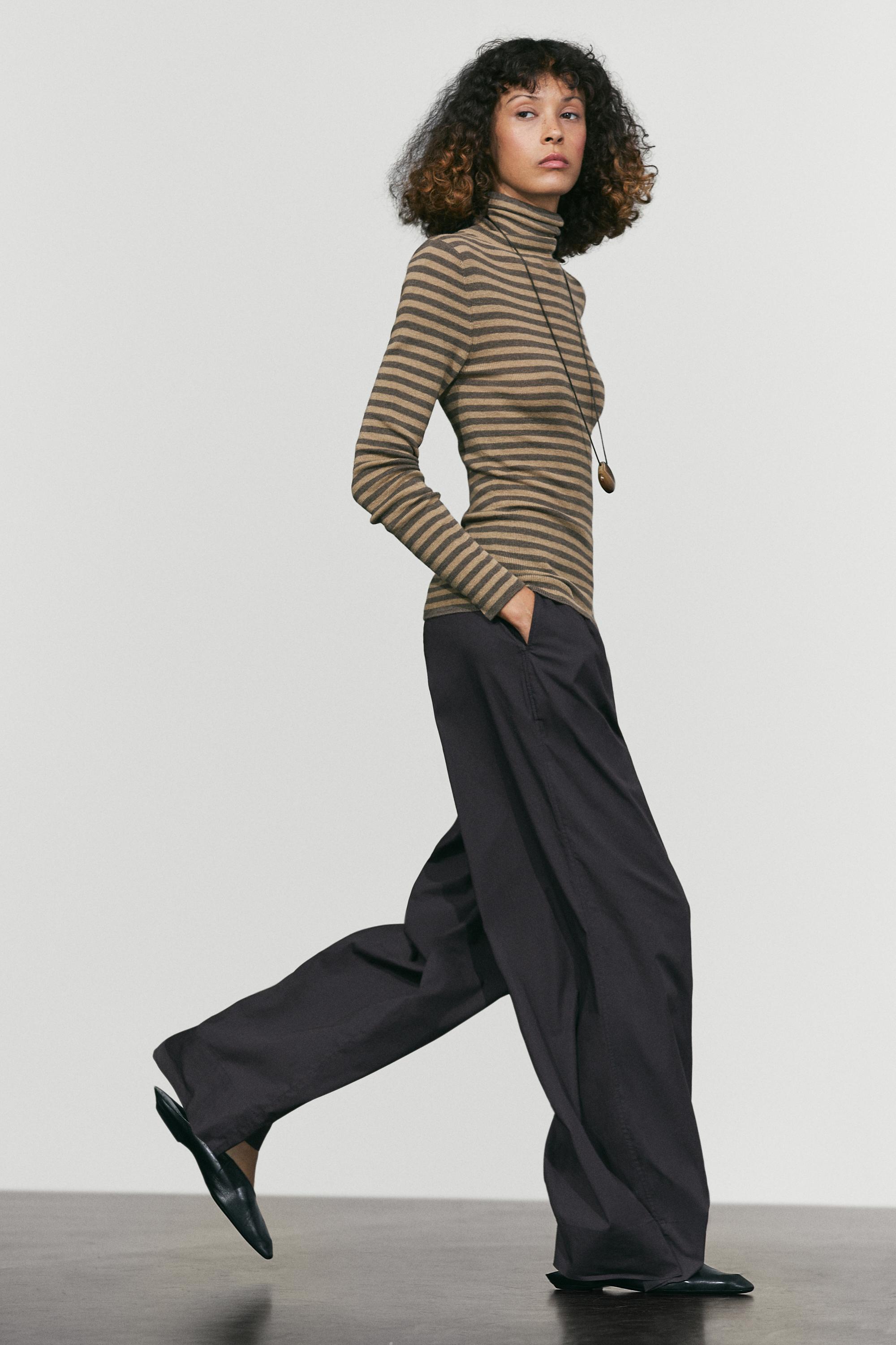 Striped turtleneck knit sweater - MOLE BROWN