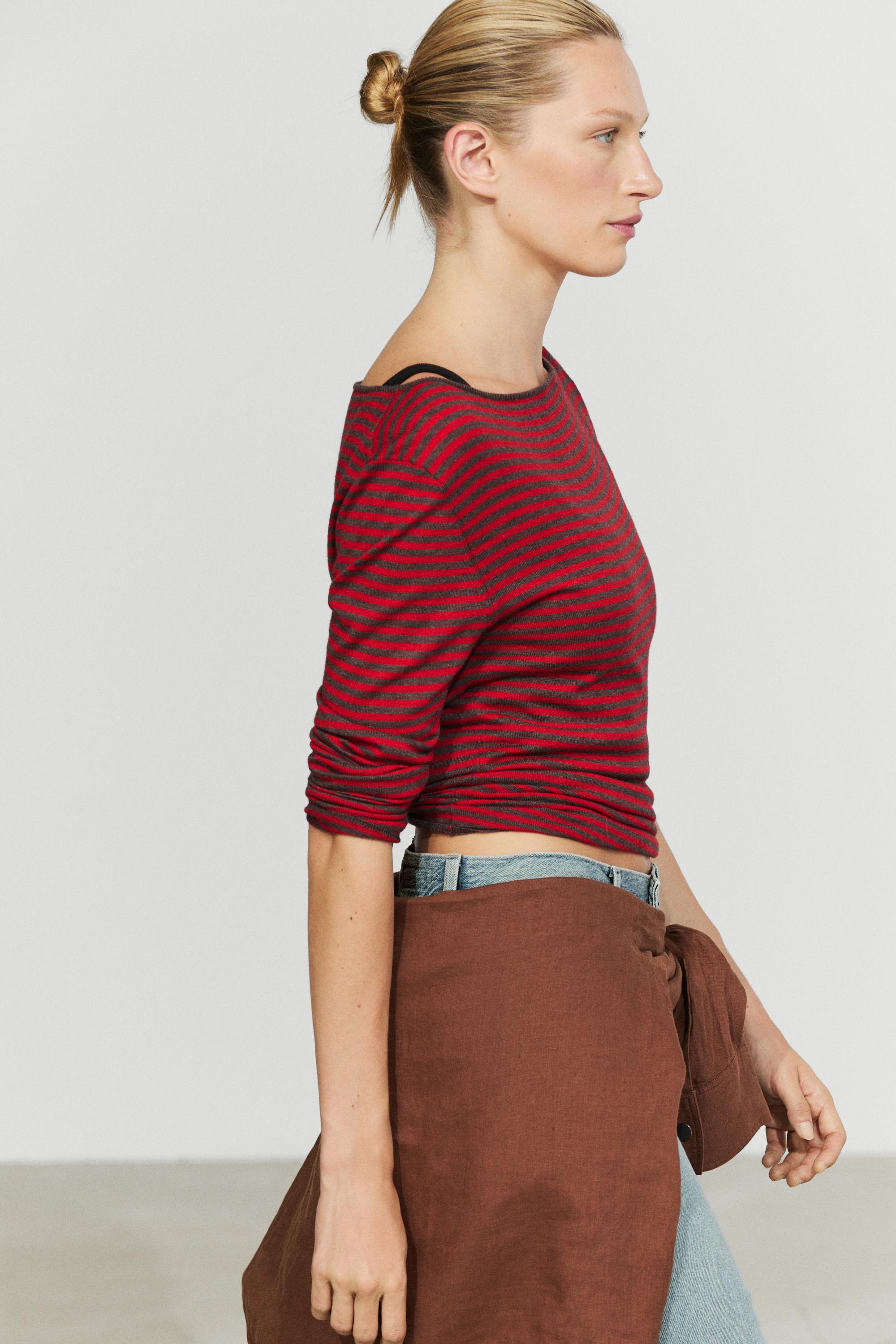 Striped wool-blend knit sweater - RED