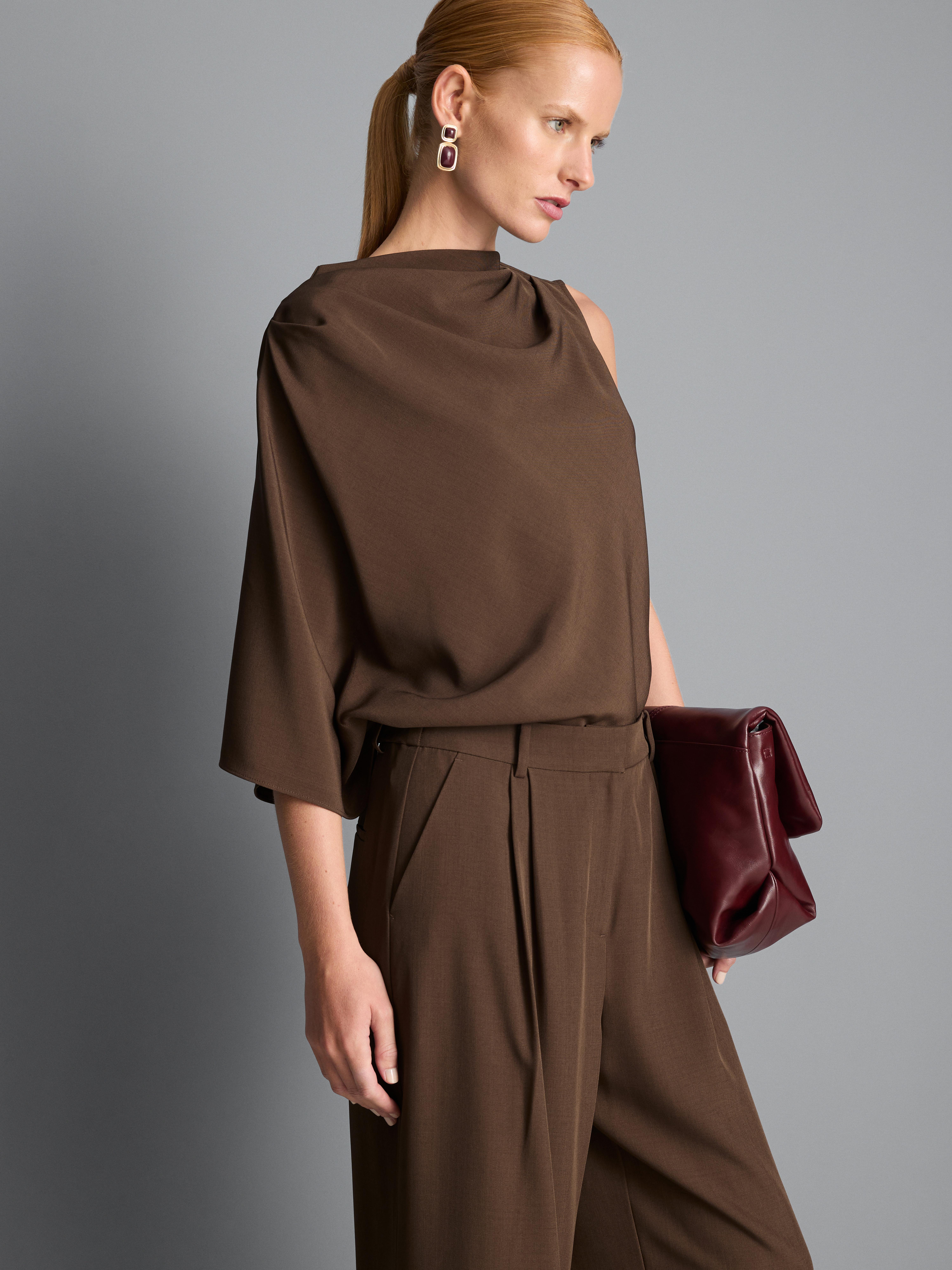 High Waisted Pleated Wide Leg Pants - Mocha