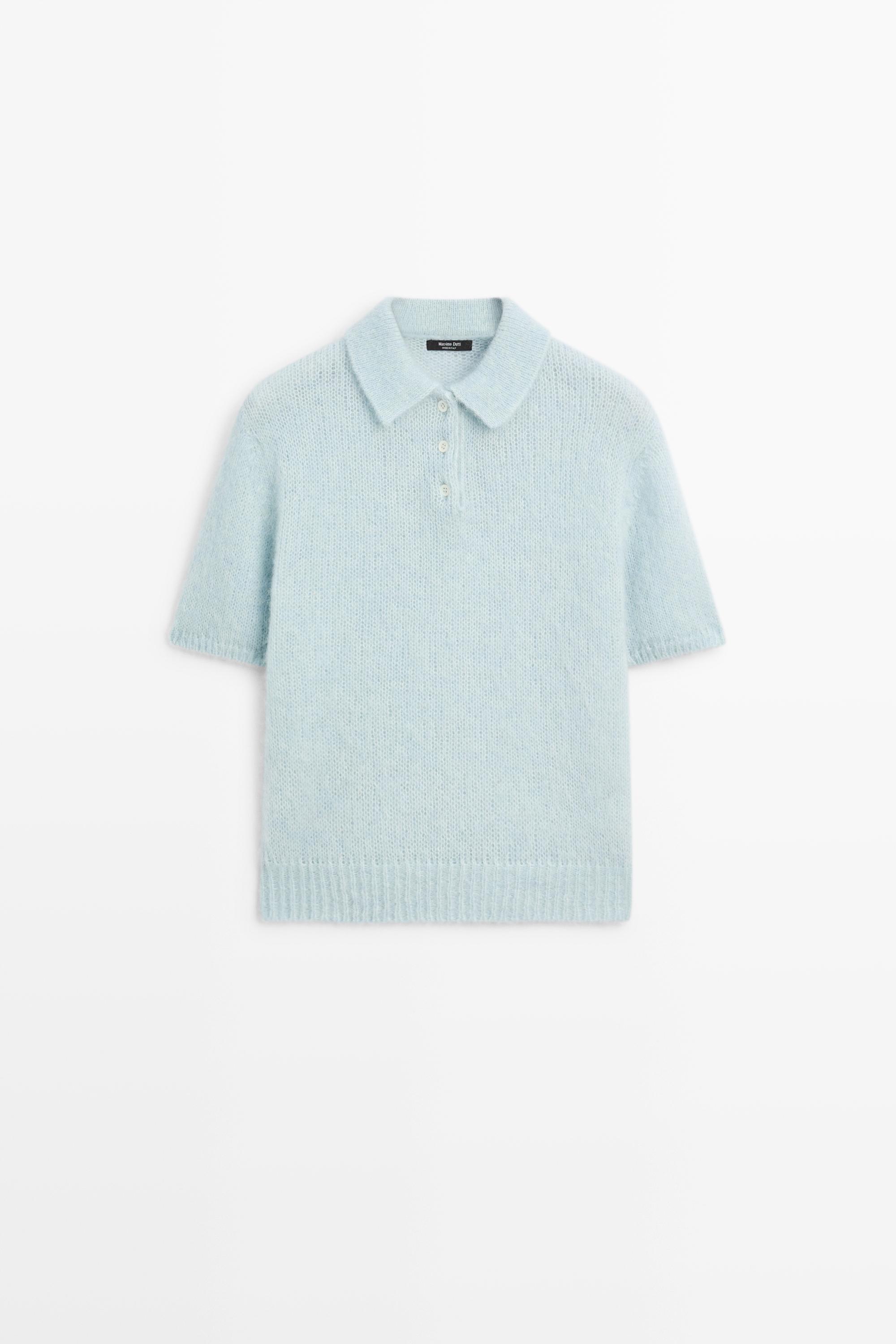 Alpaca blend knit polo sweater - Light blue