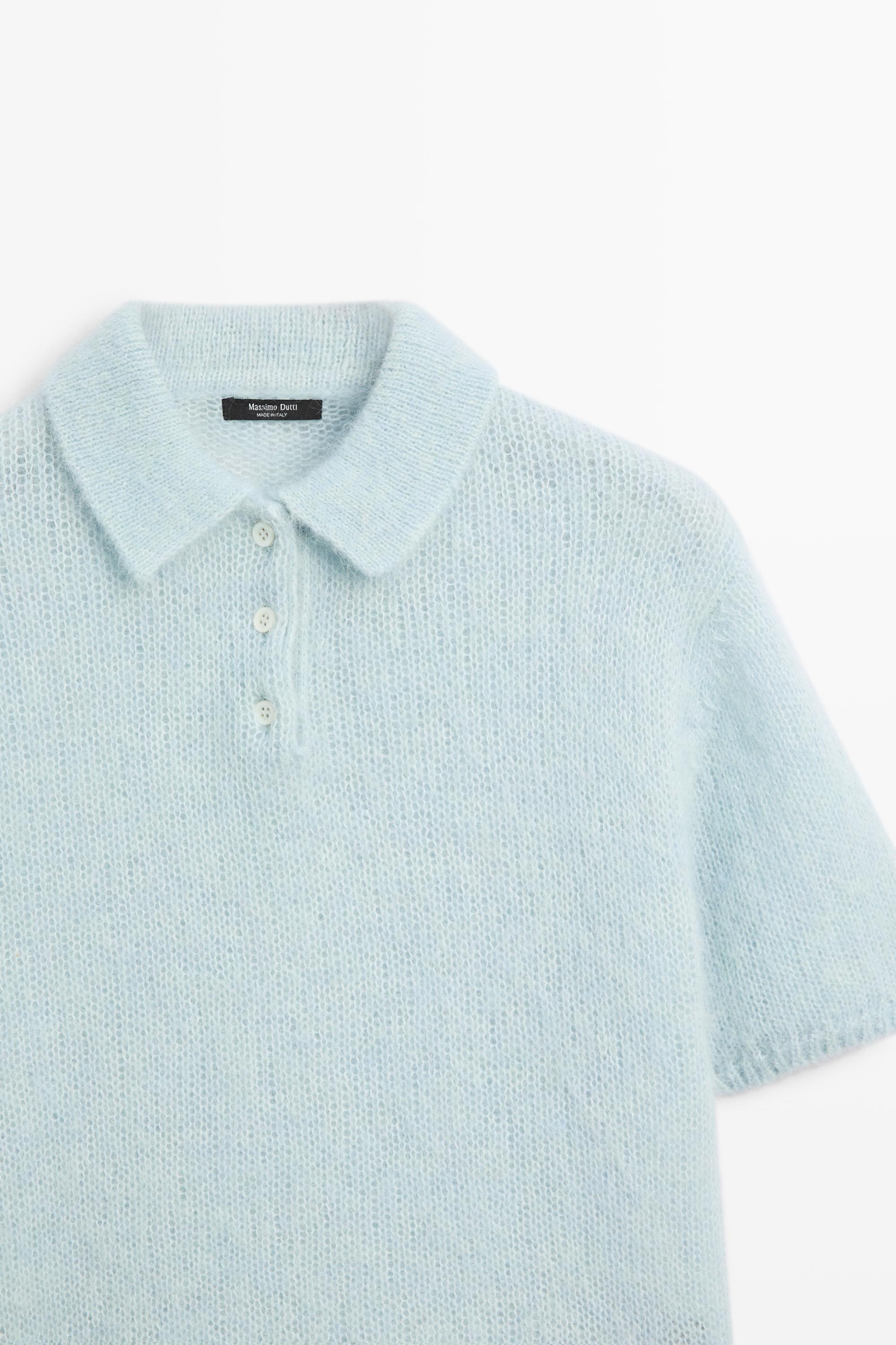 Alpaca blend knit polo sweater - Light blue