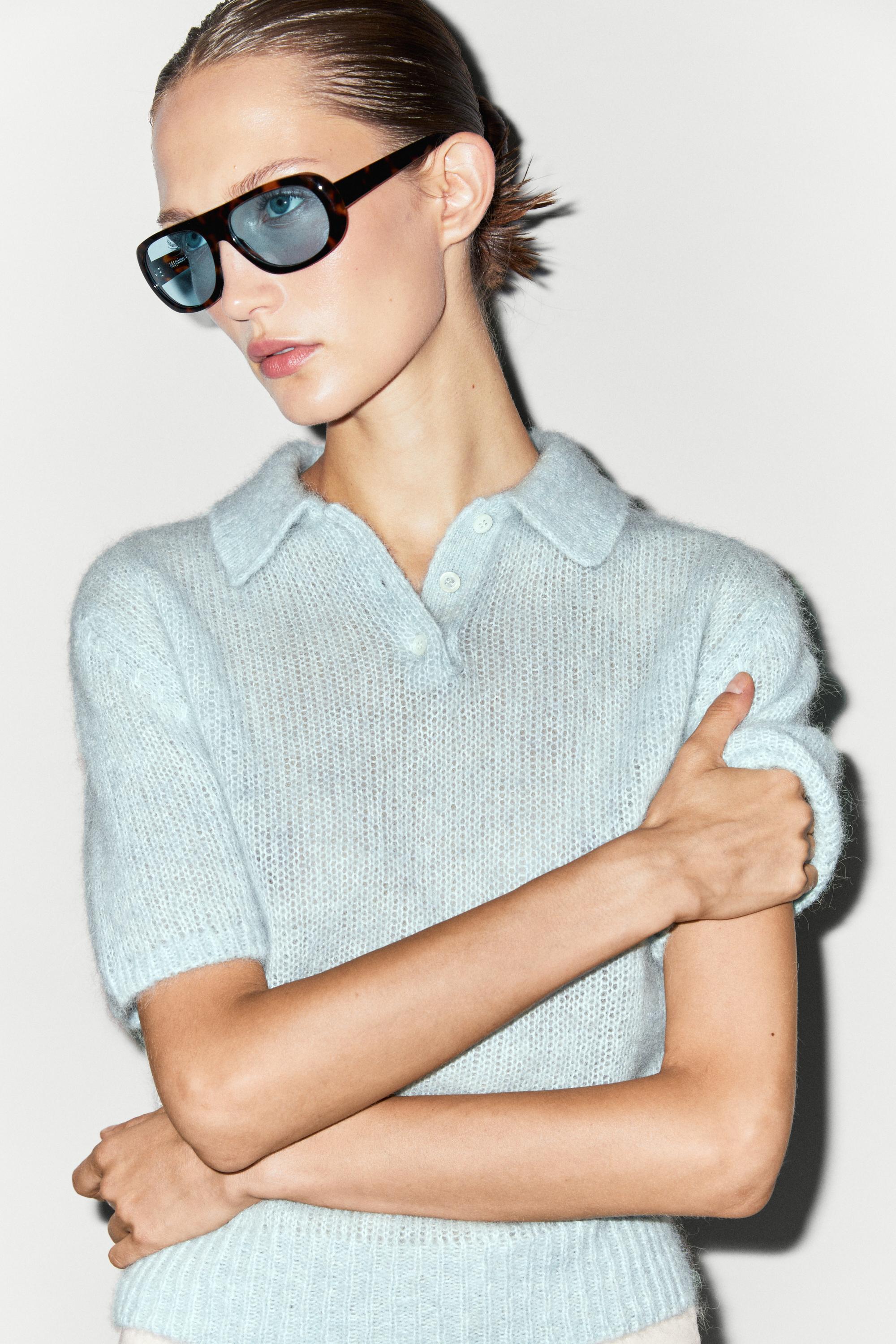 Alpaca blend knit polo sweater - Light blue
