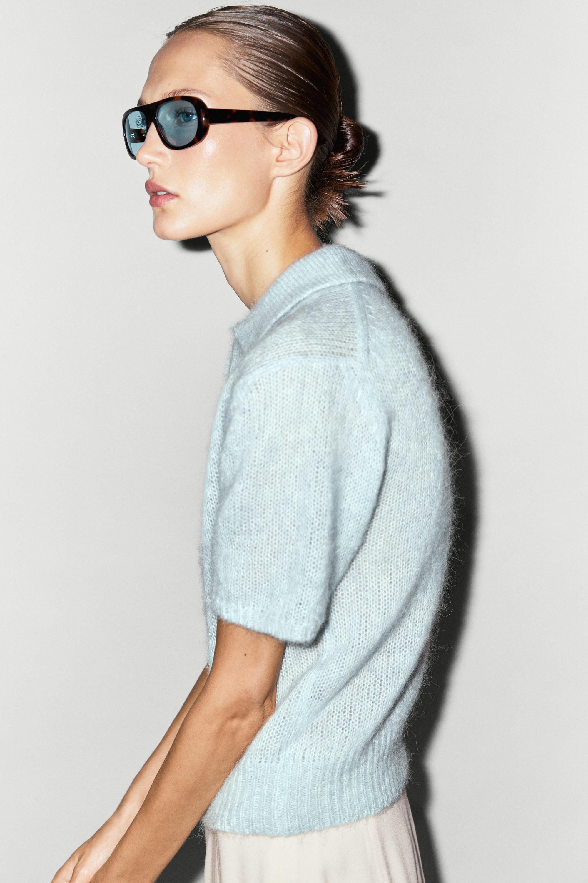 Alpaca blend knit polo sweater - Light blue