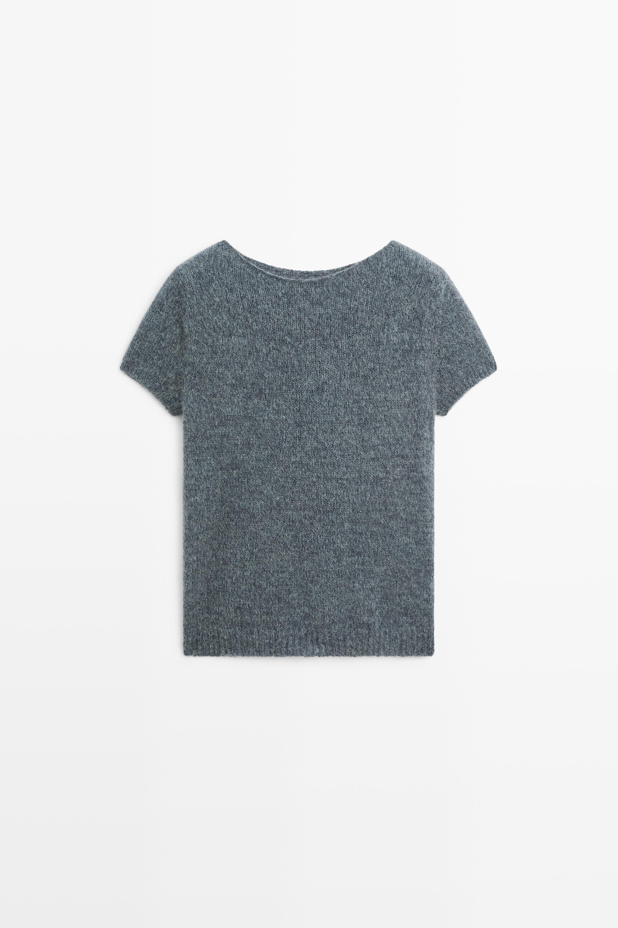 Short sleeve alpaca blend knit sweater - GREY BLUE
