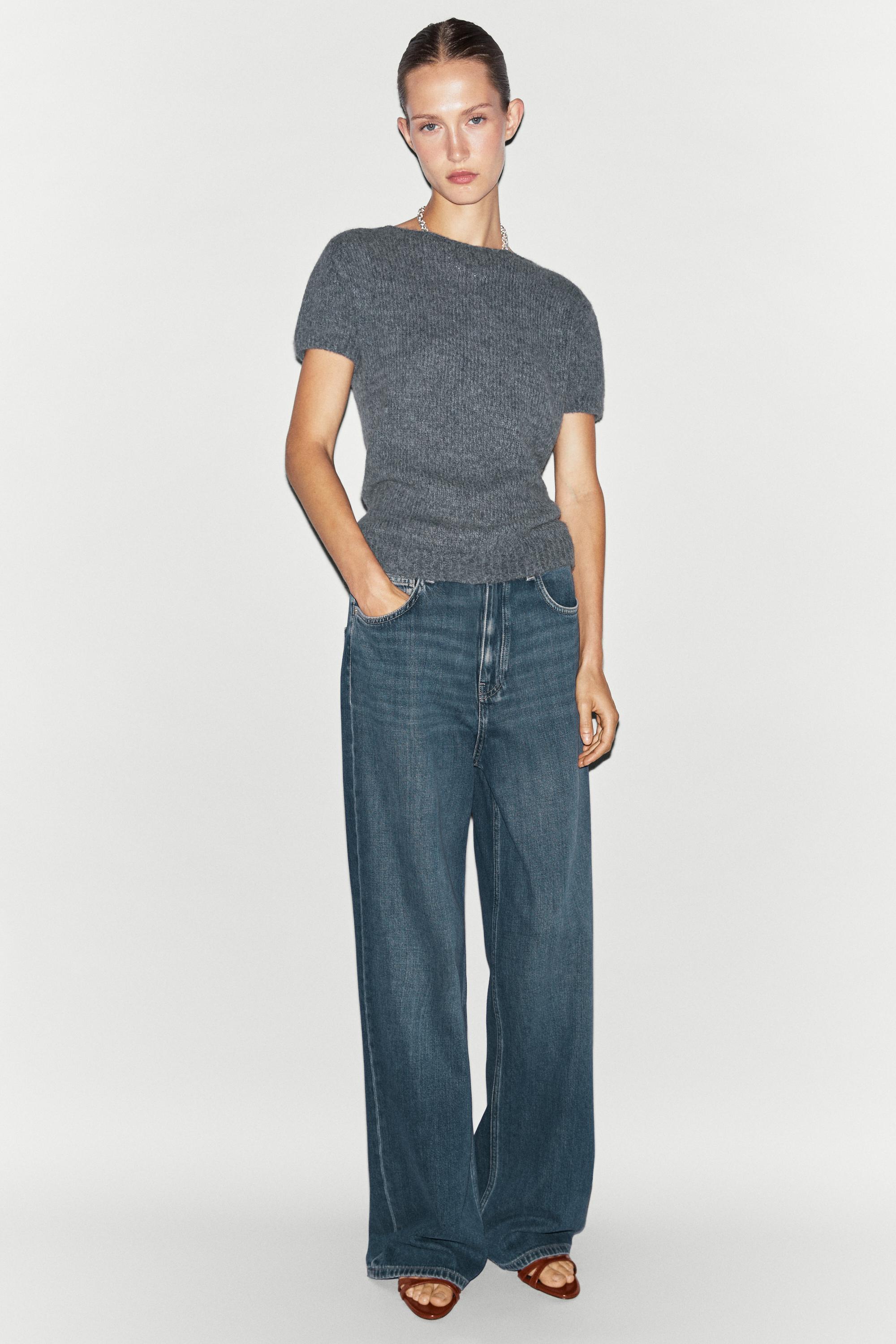 Short sleeve alpaca blend knit sweater - GREY BLUE