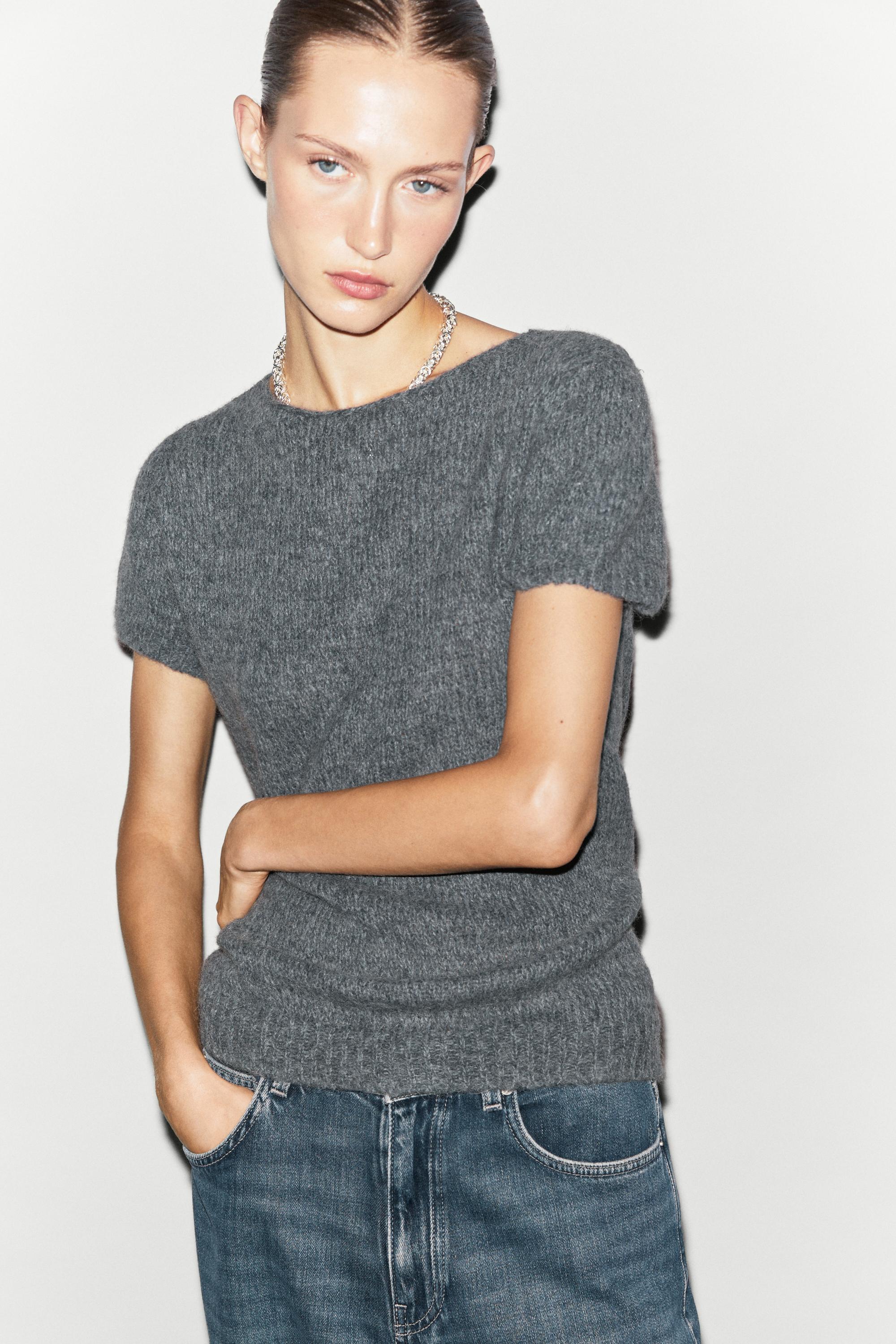 Short sleeve alpaca blend knit sweater - GREY BLUE