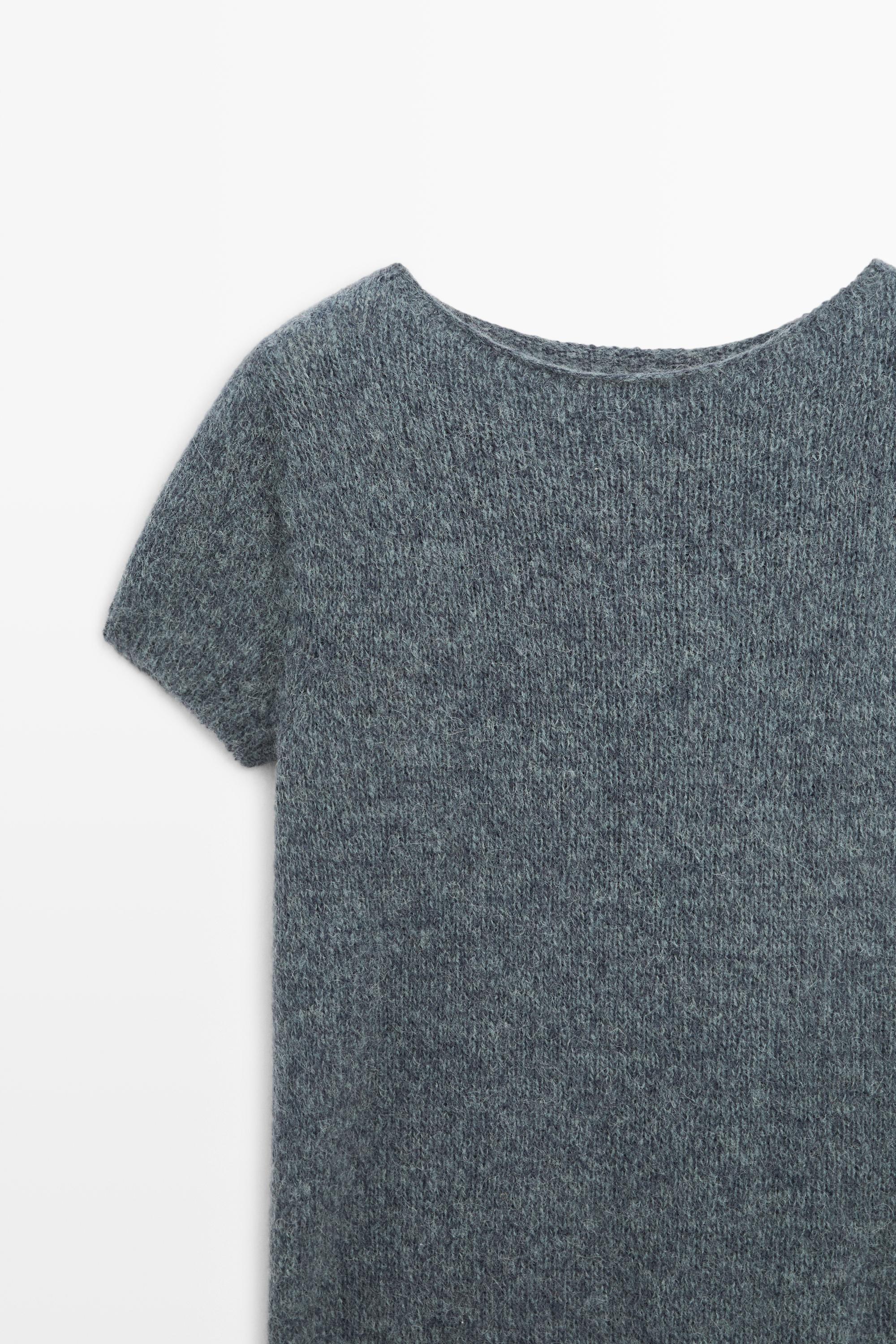 Short sleeve alpaca blend knit sweater - GREY BLUE