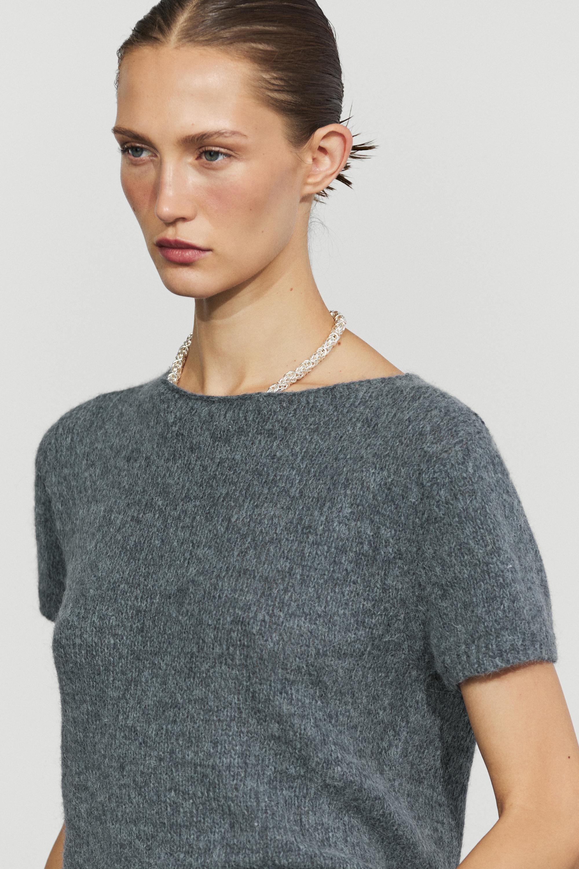 Short sleeve alpaca blend knit sweater - GREY BLUE