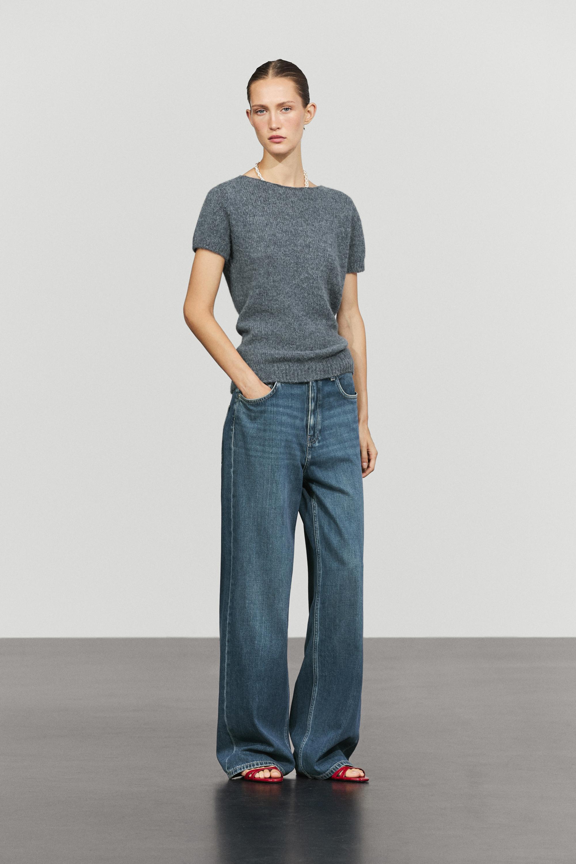 Short sleeve alpaca blend knit sweater - GREY BLUE