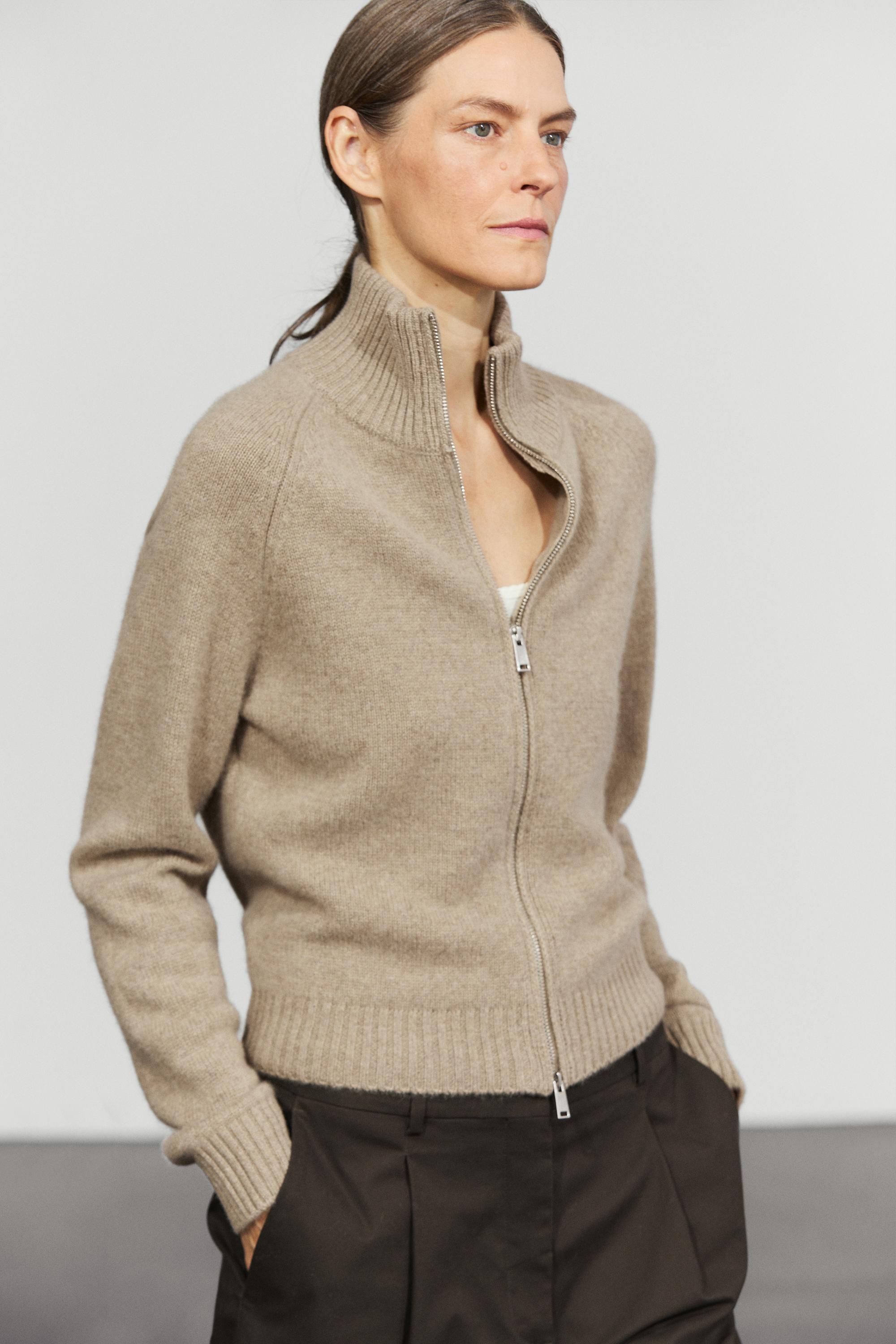 100% cashmere zip knit cardigan - TAUPE GREY
