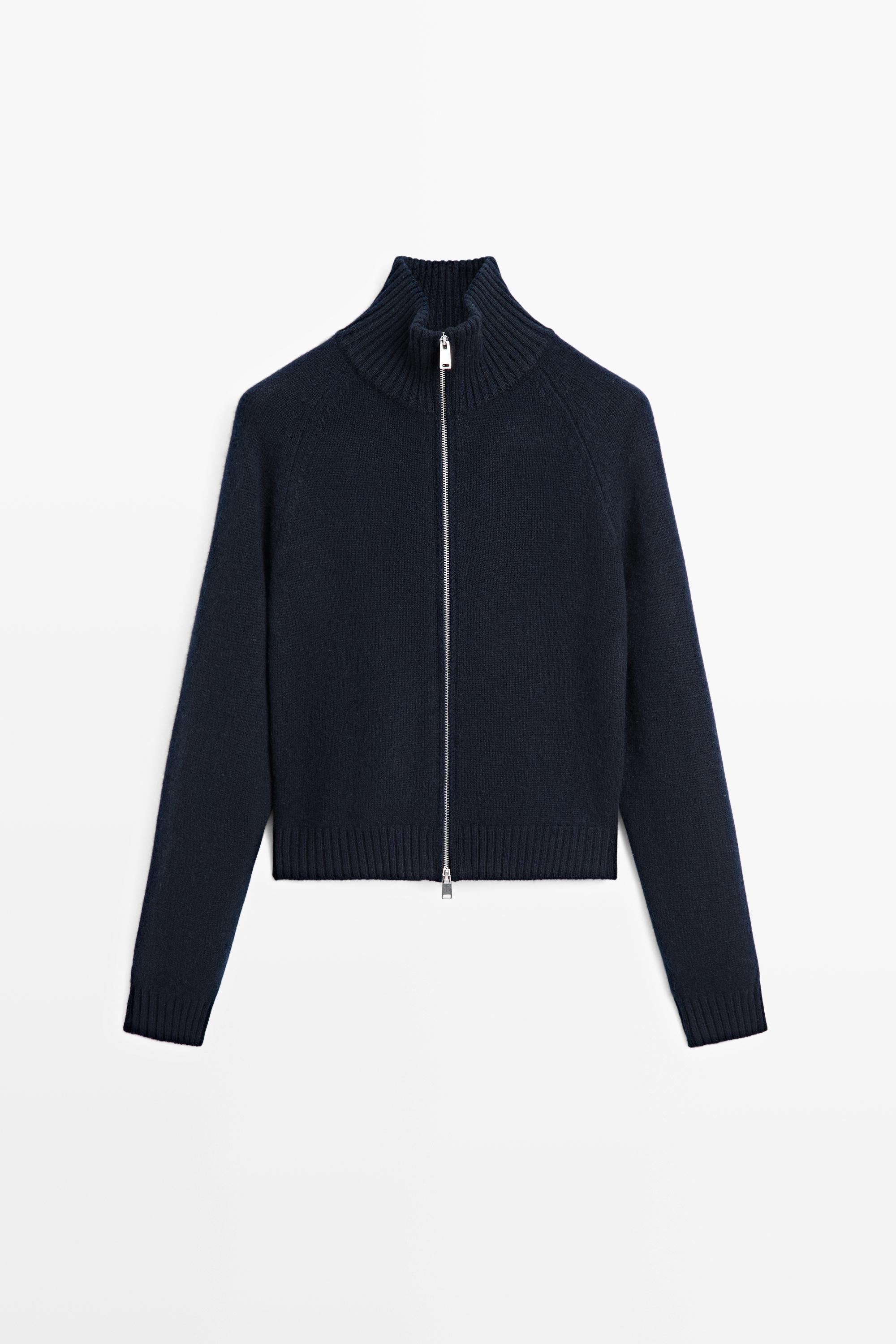 100% cashmere zip knit cardigan - NAVY BLUE