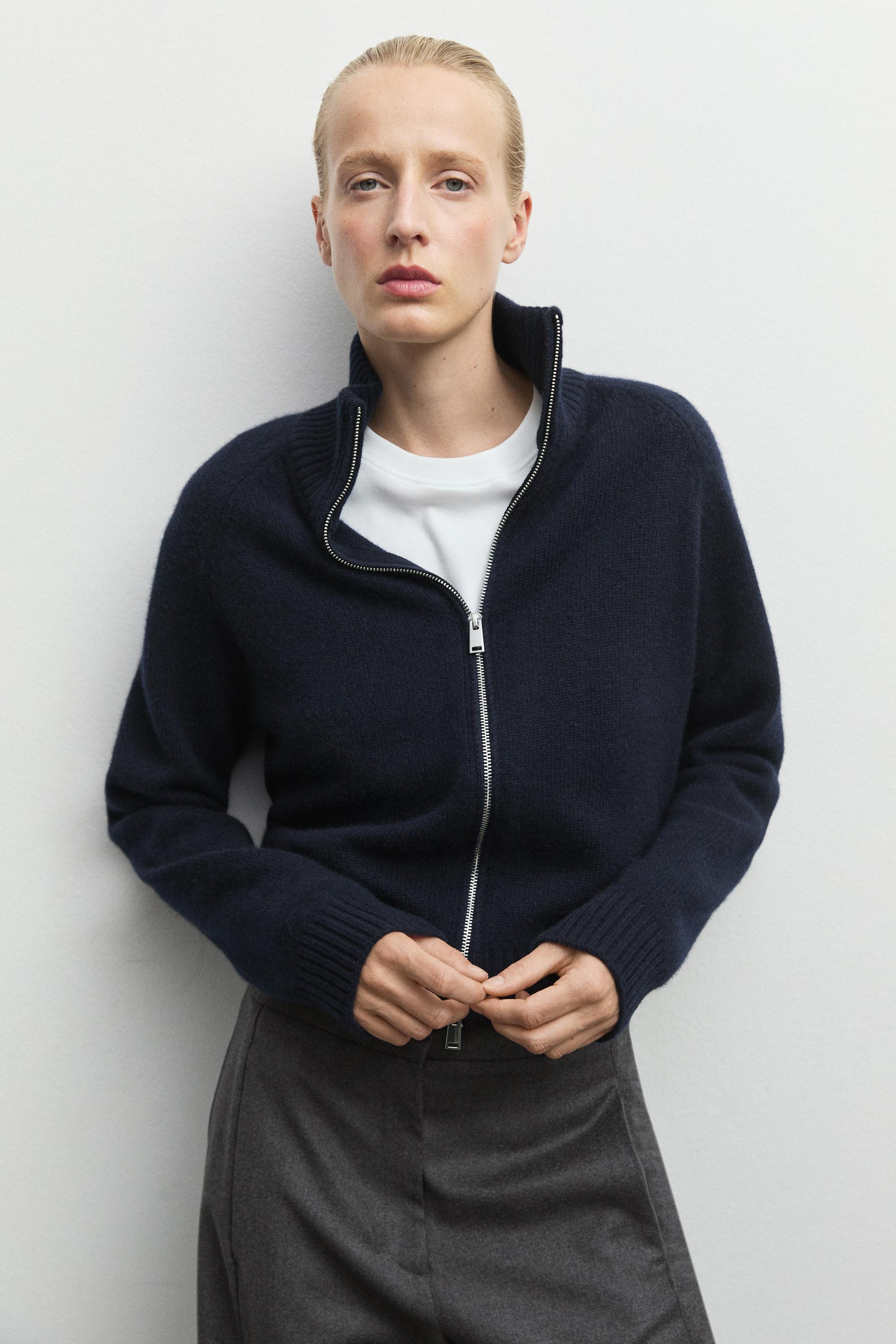 100% cashmere zip knit cardigan - NAVY BLUE