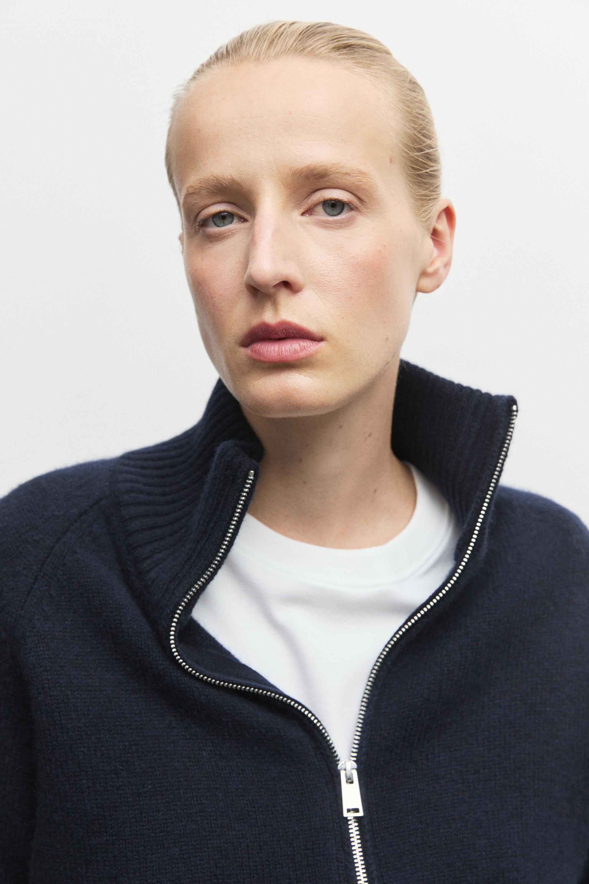 100% cashmere zip knit cardigan - NAVY BLUE
