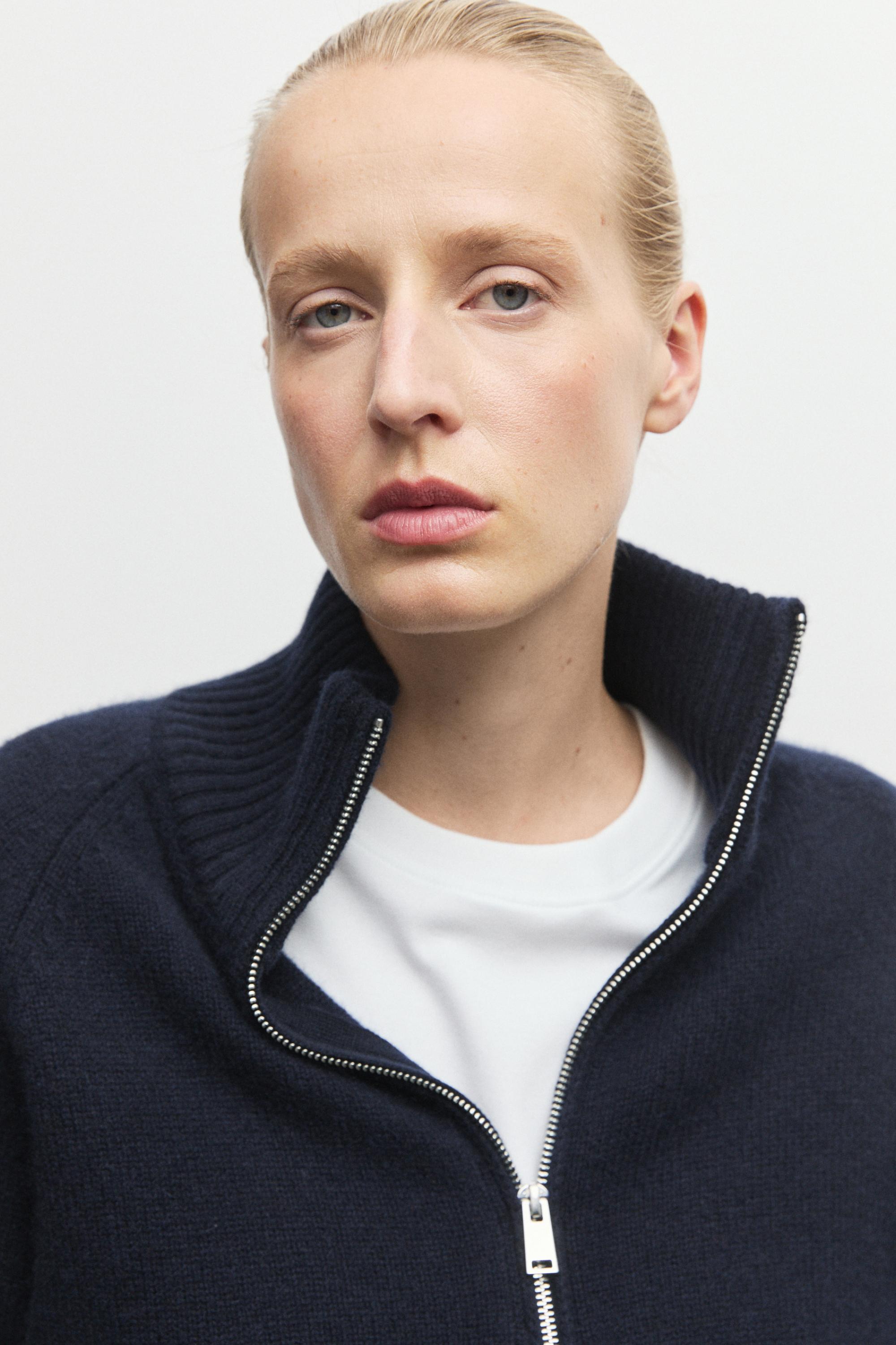 100% cashmere zip knit cardigan - NAVY BLUE