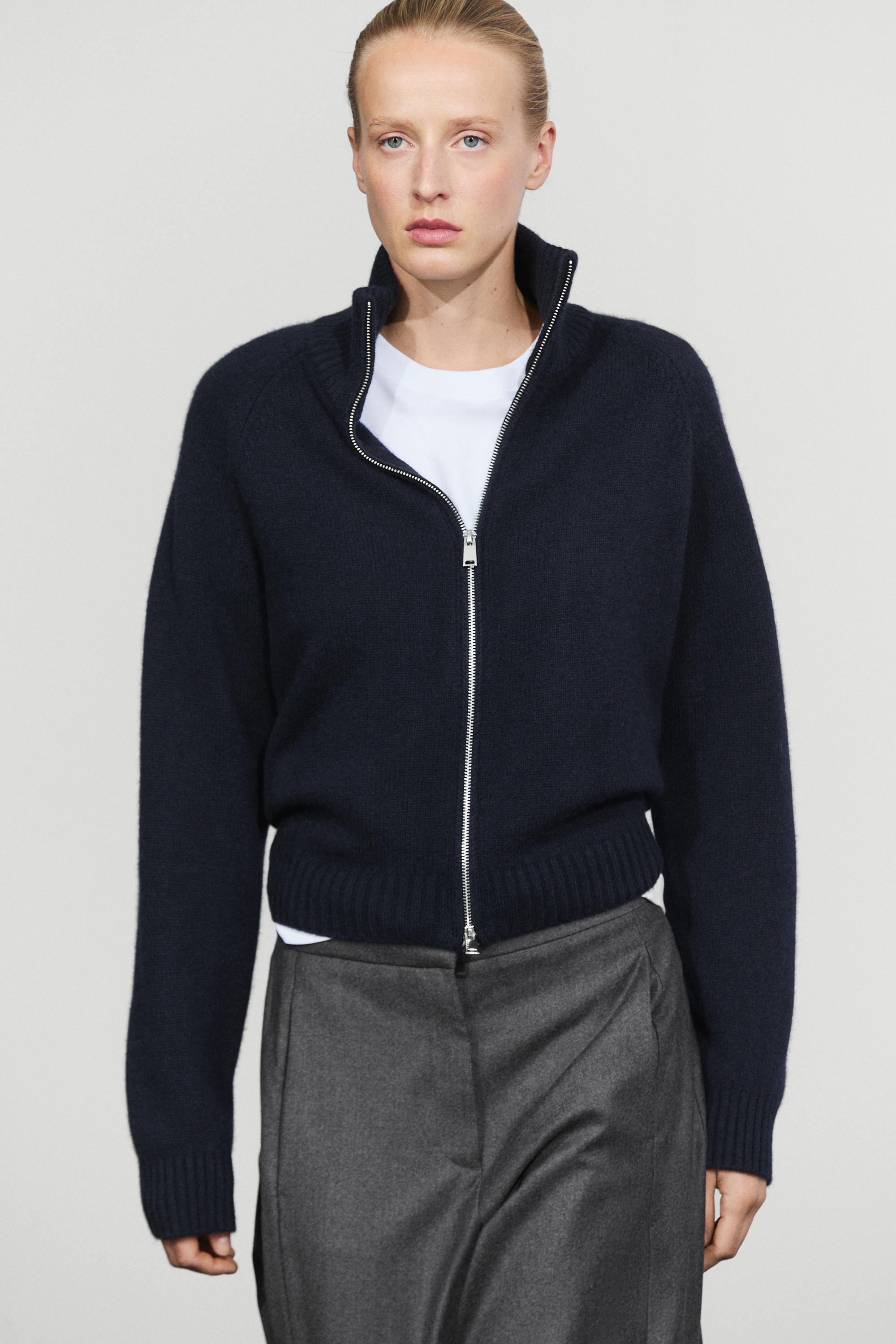 100% cashmere zip knit cardigan - NAVY BLUE