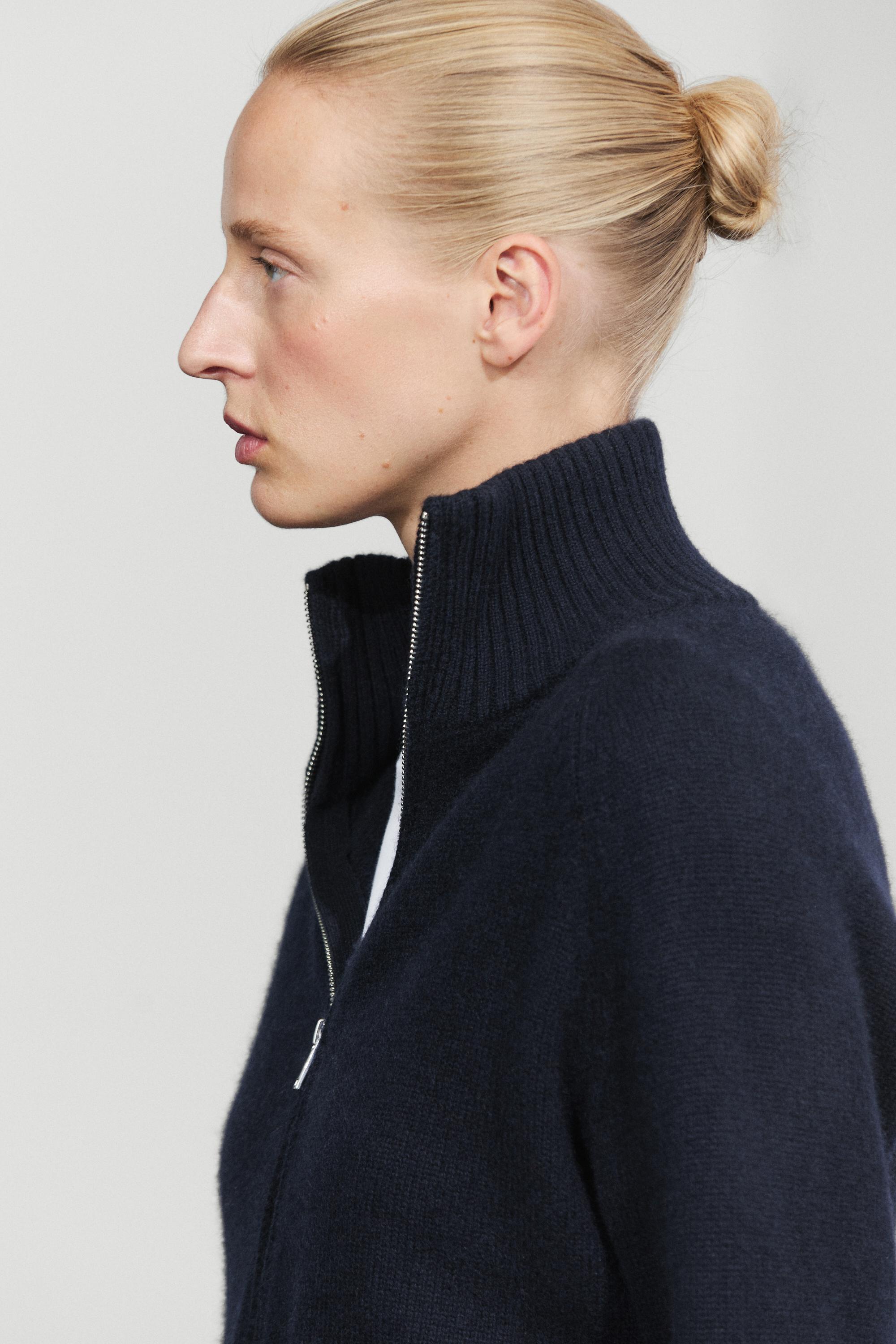 100% cashmere zip knit cardigan - NAVY BLUE